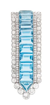A Platinum, Diamond and Aquamarine Brooch, Cartier, 12.90 dwts.