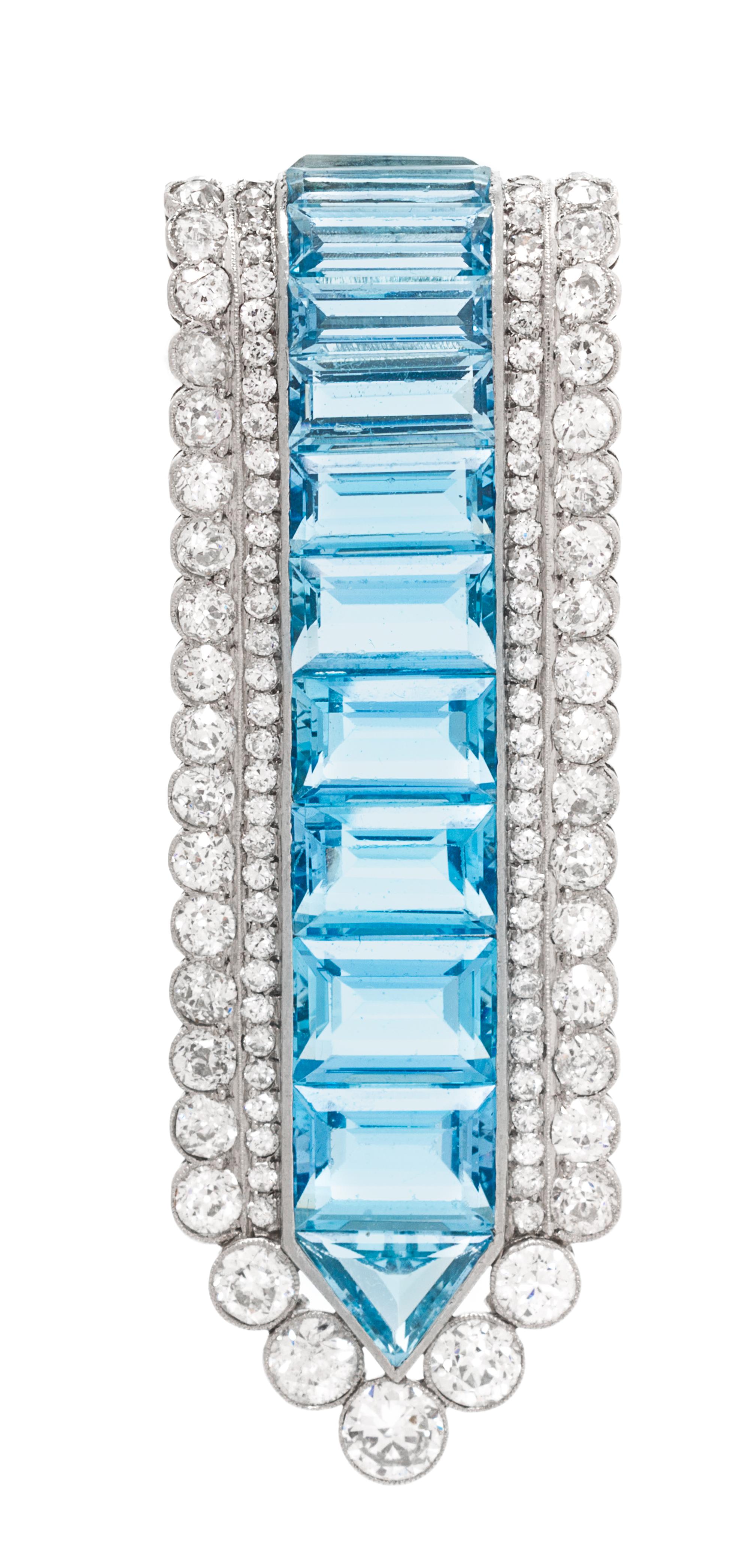 A Platinum, Diamond and Aquamarine Brooch, Cartier, 12.90 dwts.