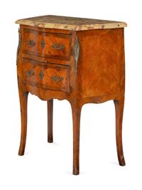 A Louis XV Style Tulipwood-Veneered and Gilt Bronze Mounted Marble-Top Commode