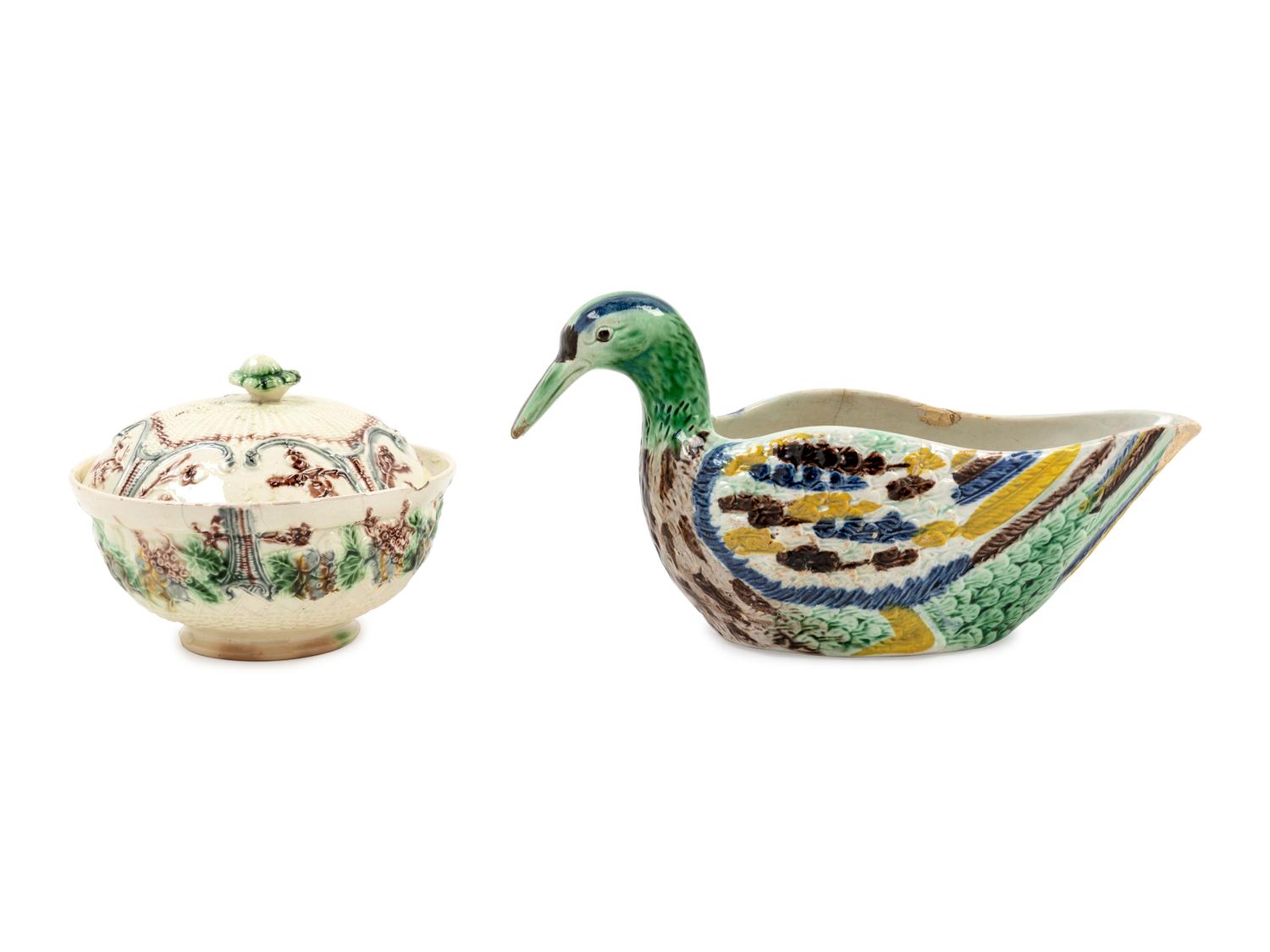 A Staffordshire Polychrome Decorated Creamware Covered Sugar and Duck-Form Sauce Boat