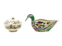 A Staffordshire Polychrome Decorated Creamware Covered Sugar and Duck-Form Sauce Boat