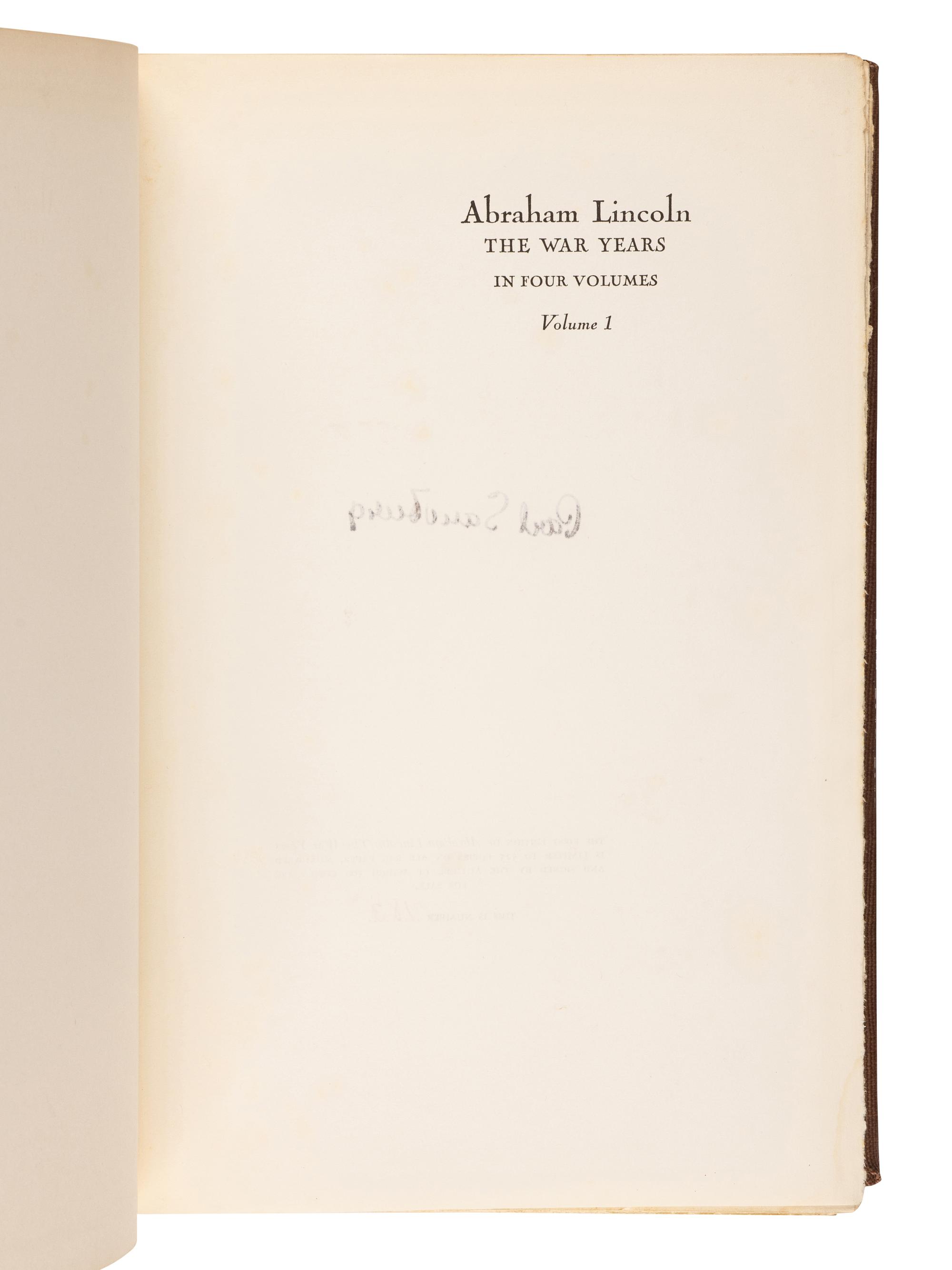 [LINCOLN, Abraham]. SANDBURG, Carl (1878-1967). Abraham Lincoln: The War Years . New York: Harcourt, Brace & Company, 1939.