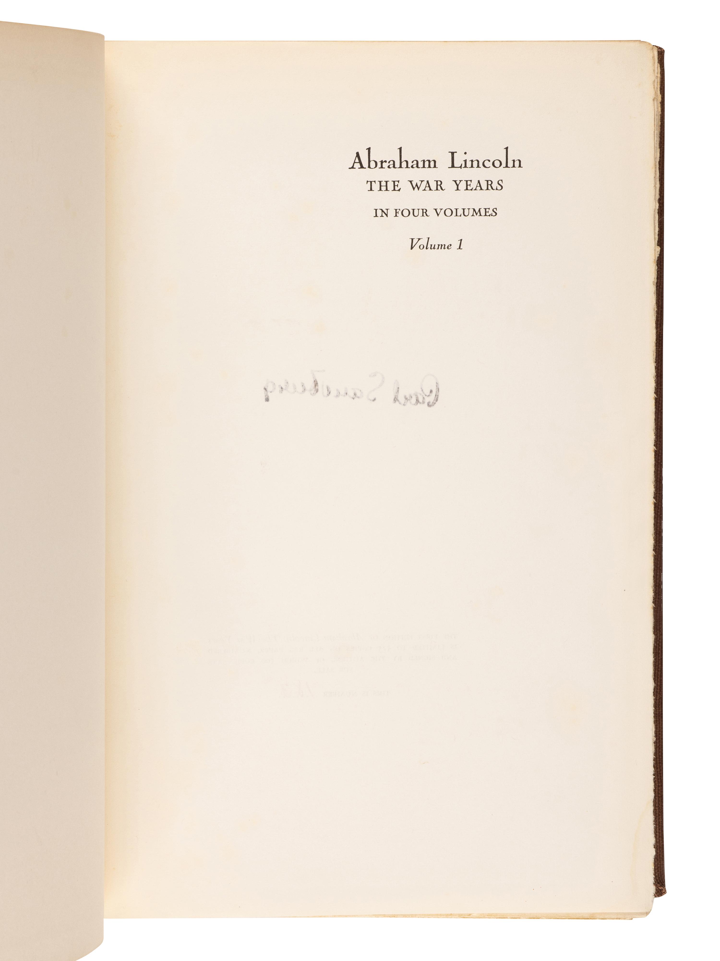[LINCOLN, Abraham]. SANDBURG, Carl (1878-1967). Abraham Lincoln: The War Years . New York: Harcourt, Brace & Company, 1939.