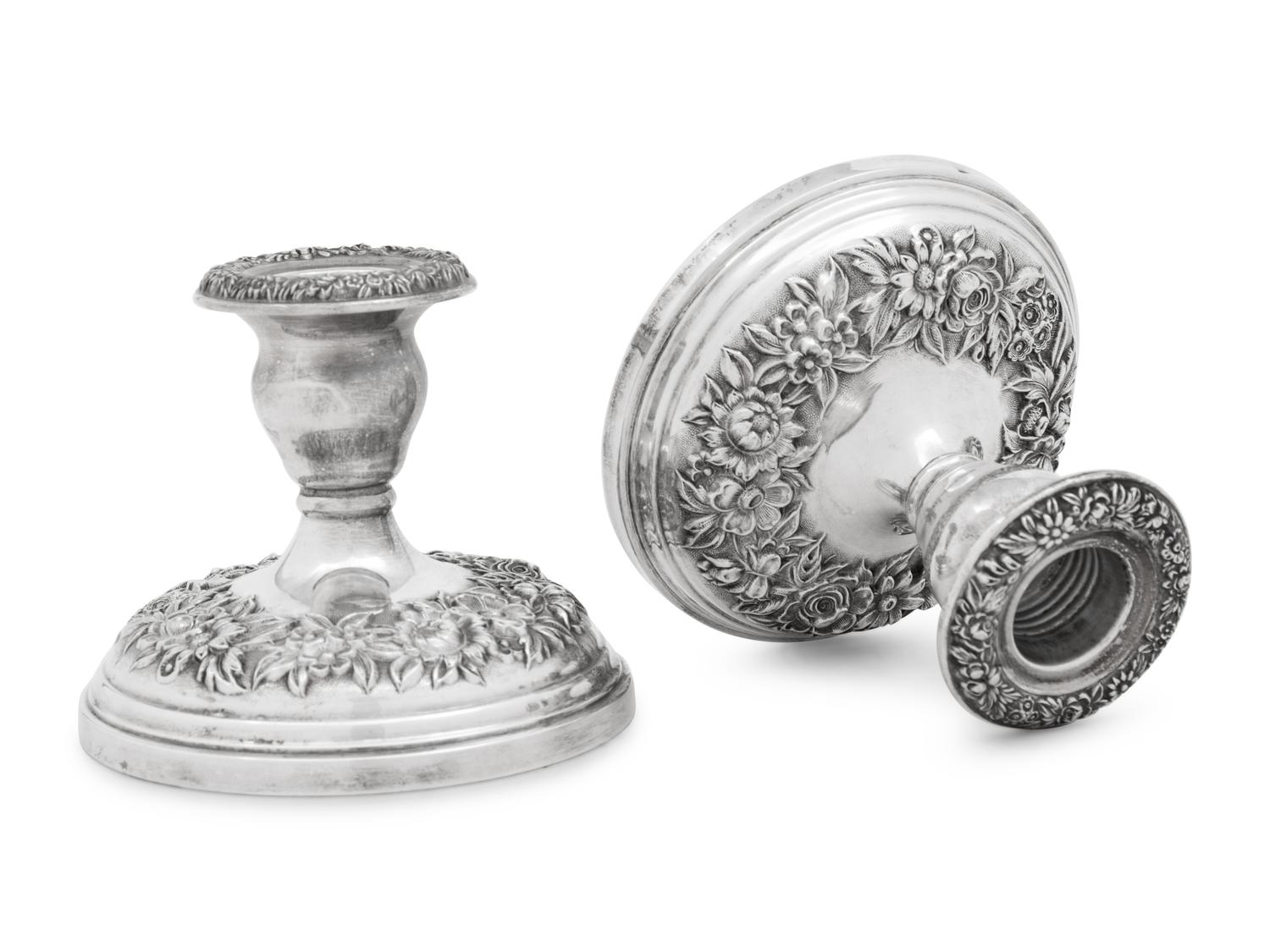 Two Pairs of S. Kirk and Son Repousse Silver Candlesticks