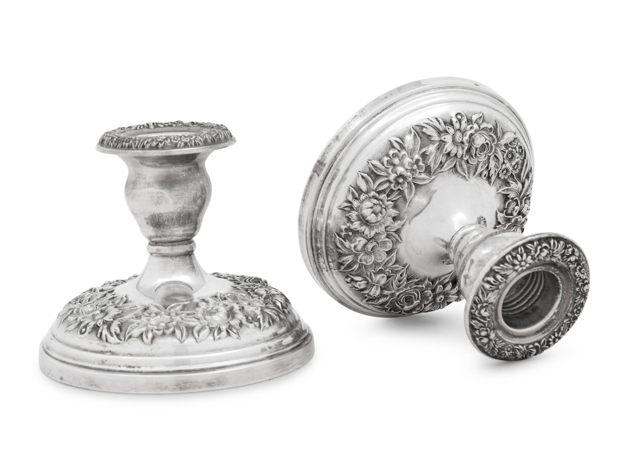 Two Pairs of S. Kirk and Son Repousse Silver Candlesticks