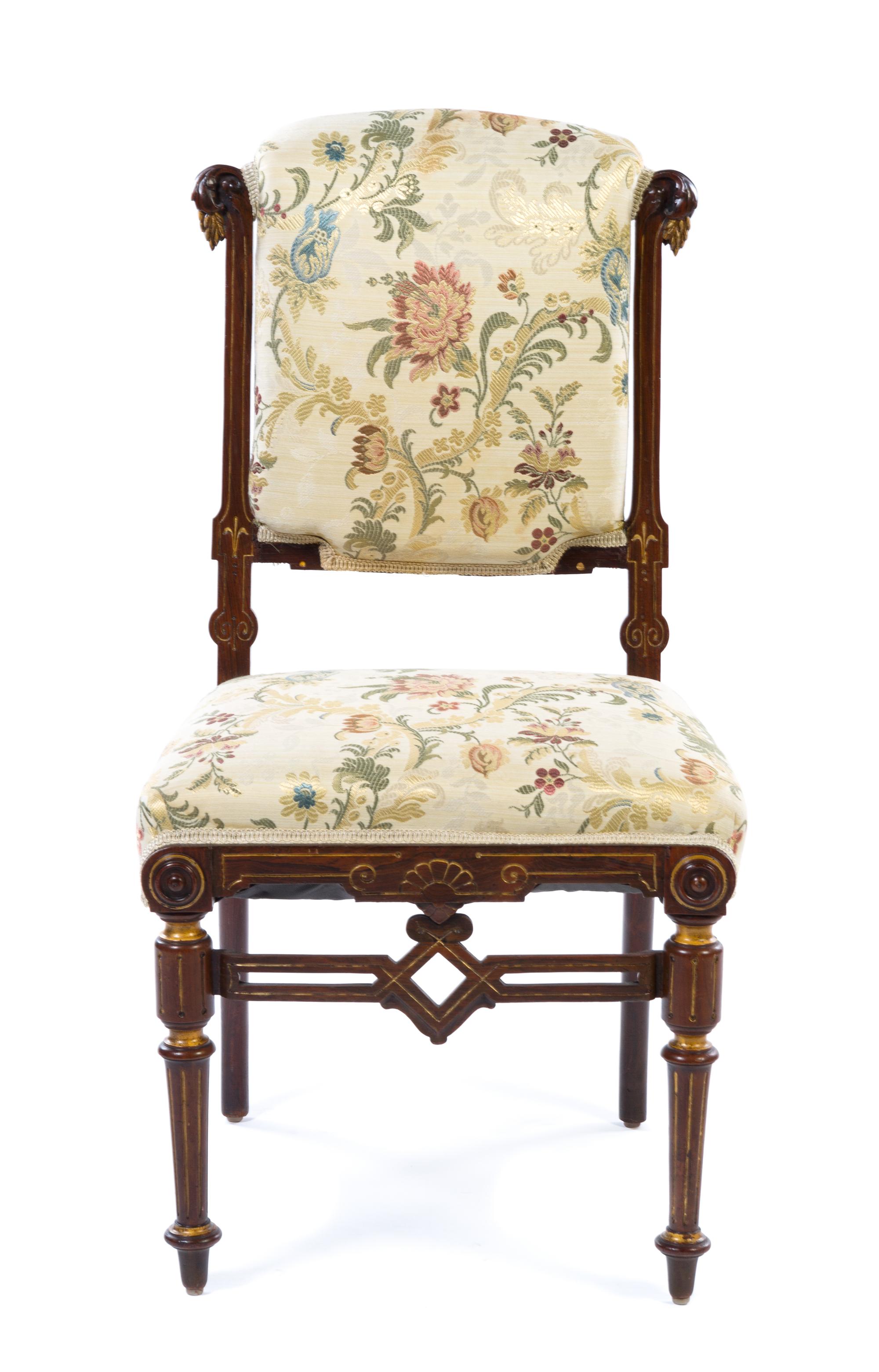 An Aesthetic Movement Parcel Gilt Mahogany Side Chair Height 34 x width 19 1/4 x depth 18 1/2 inches.