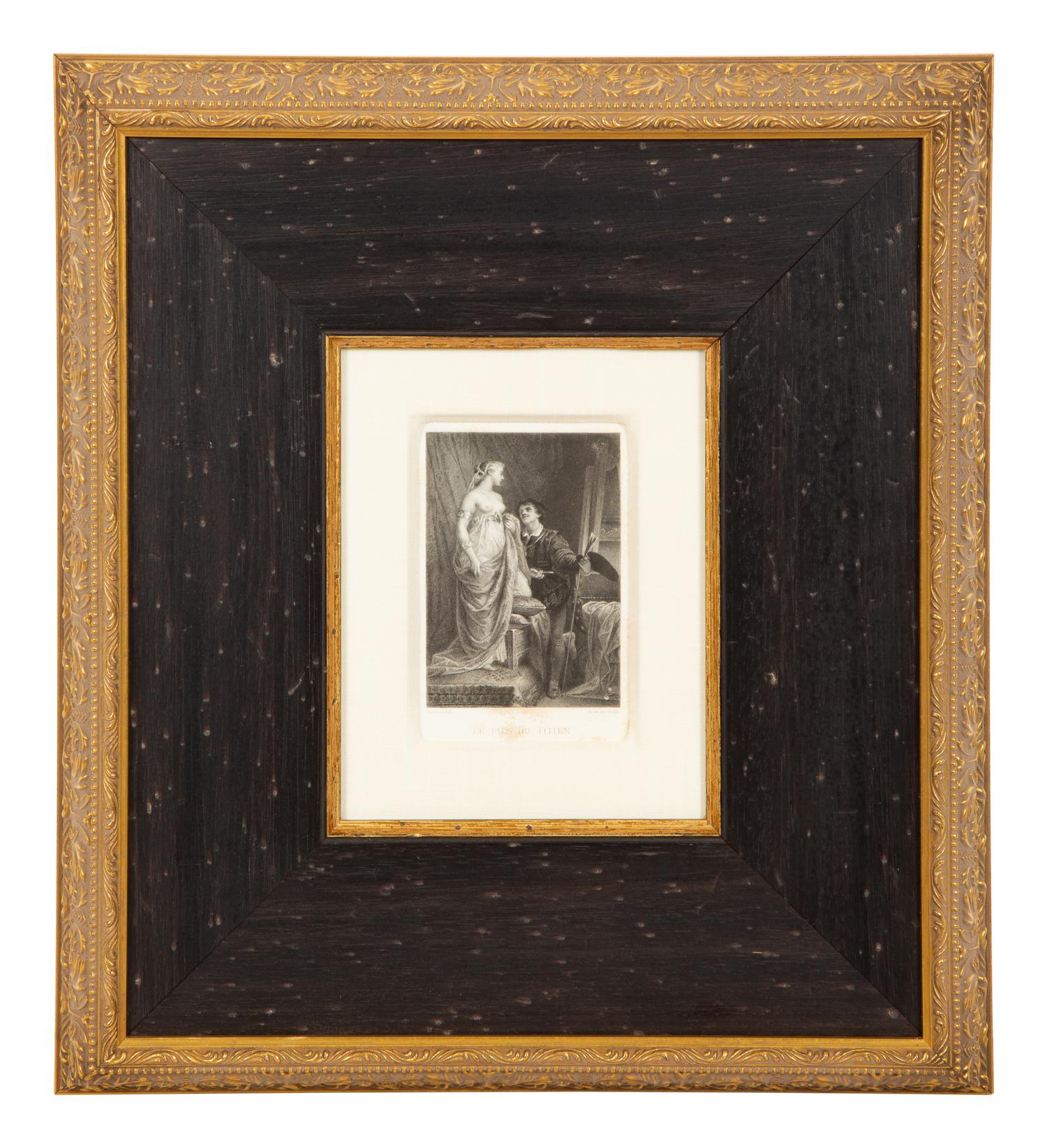 A Set of Four French Engravings of Courting Aristocrats in Ebonized and Giltwood Frames