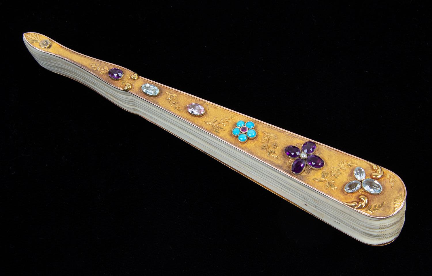 A Swiss 14-Karat Gold and Semi-Precious Stone Brisé Fan