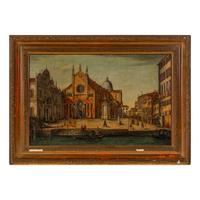 Venetian School, late 19th Century — The Church of San Giovanni e Paolo, Venice, with elegant figures promenading