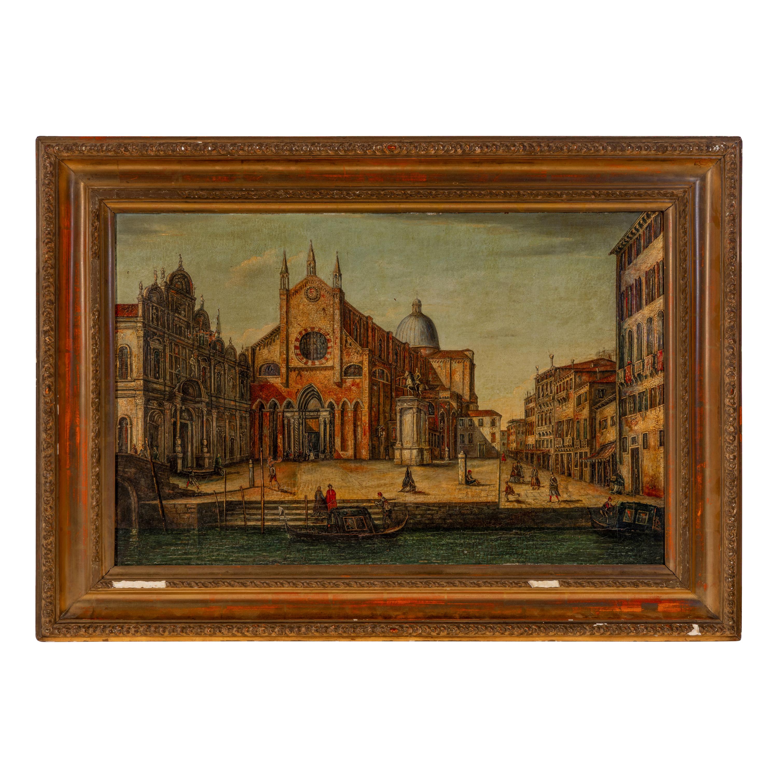 Venetian School, late 19th Century — The Church of San Giovanni e Paolo, Venice, with elegant figures promenading