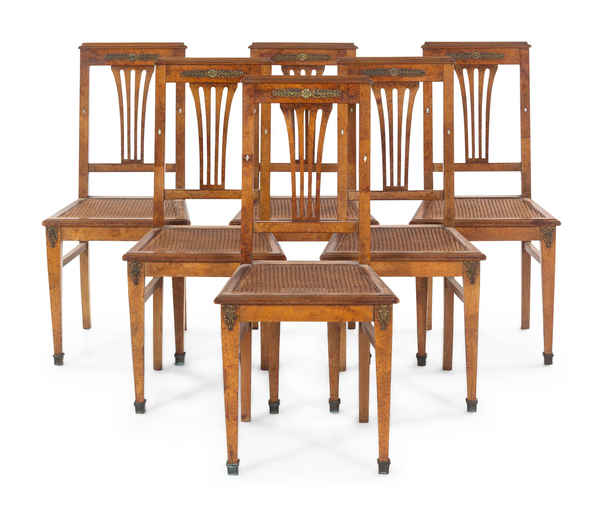 A Set of Six French Gilt Metal Mounted and Mother-of-Pearl Inlaid Side Chairs
