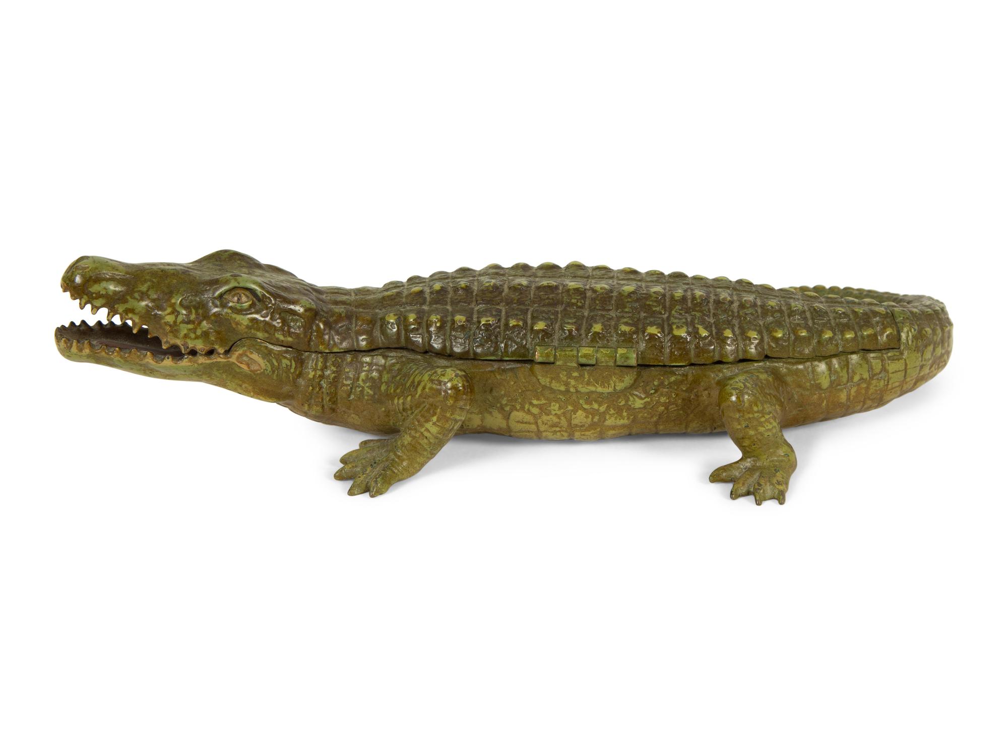 An Austrian Cold-Painted Bronze Crocodile Form Ink Stand