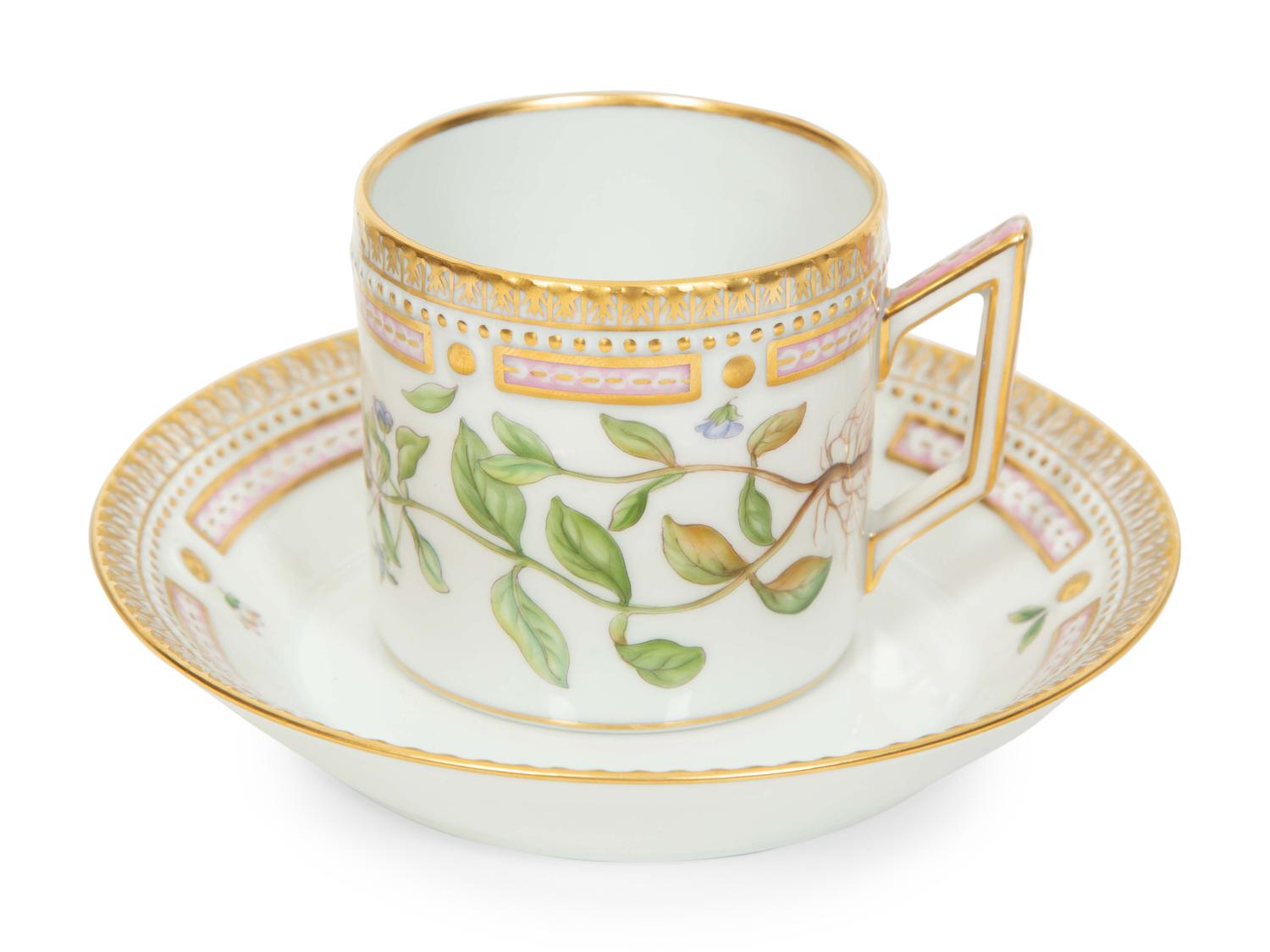 A Royal Copenhagen Flora Danica Porcelain Chocolate Pot with Five Cups and Three Saucers