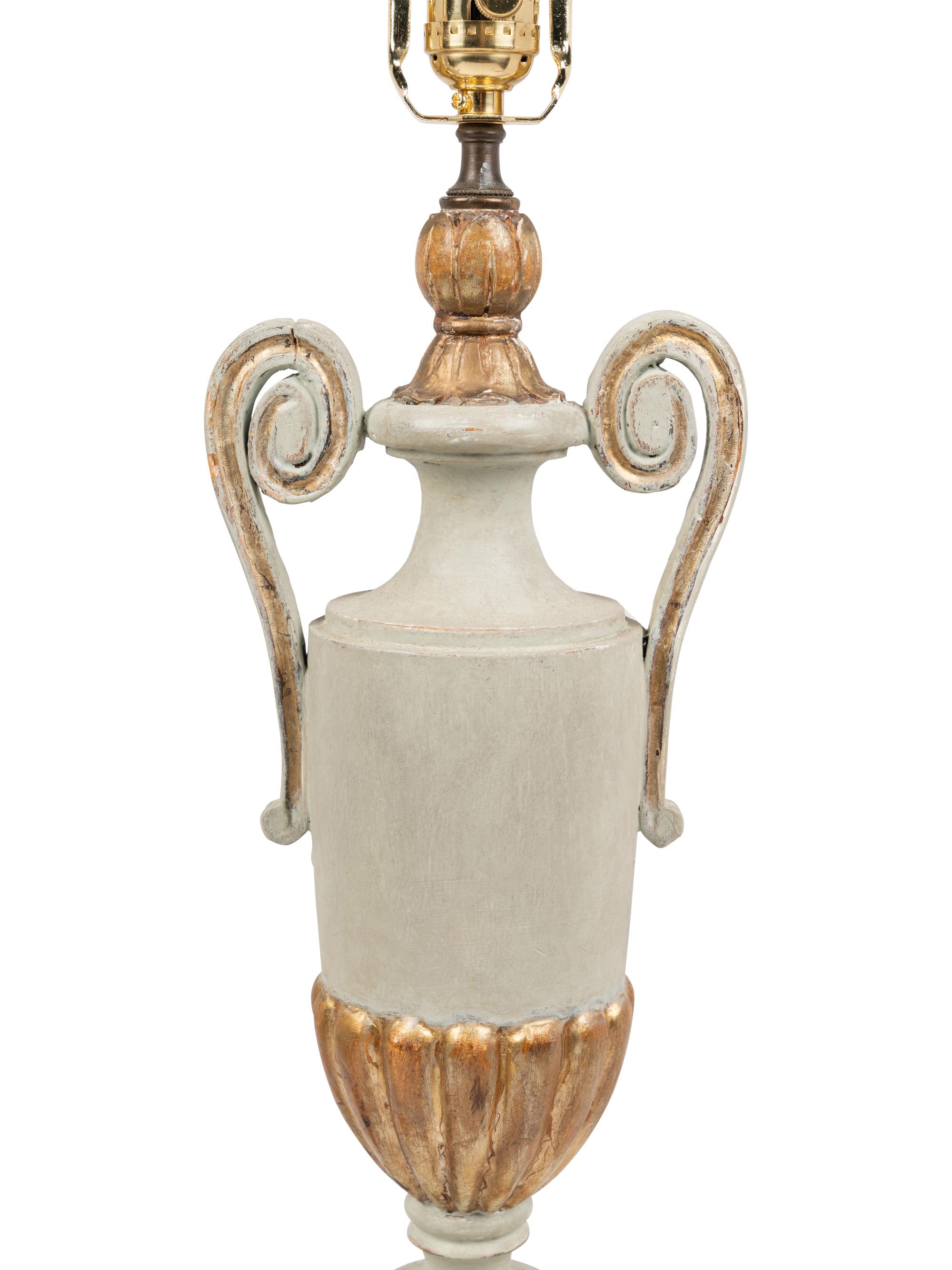 A Pair of Painted and Parcel Gilt Urns on Plinths Mounted as Lamps