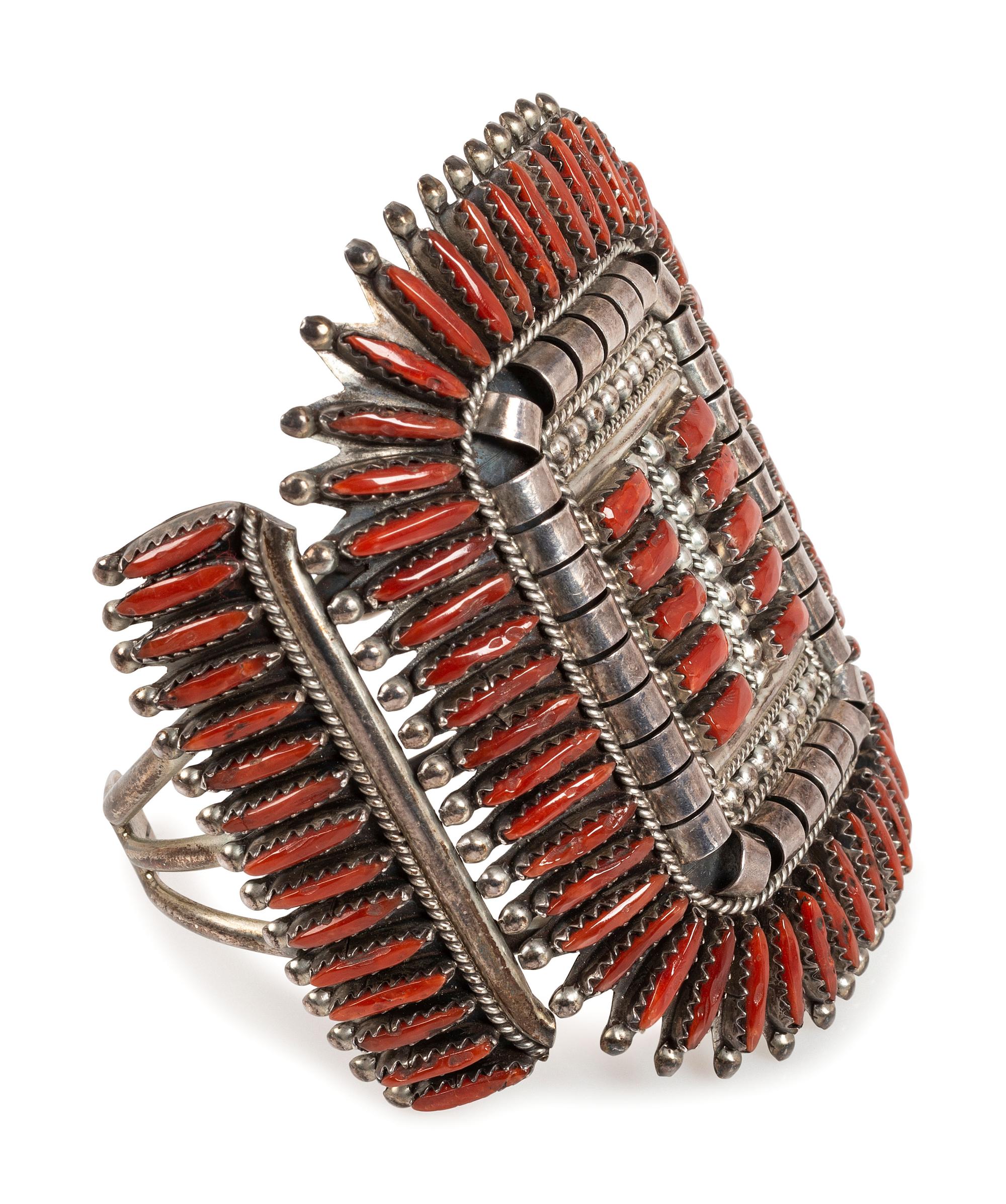 Zuni Sterling Silver and Coral Cluster Cuff Bracelet