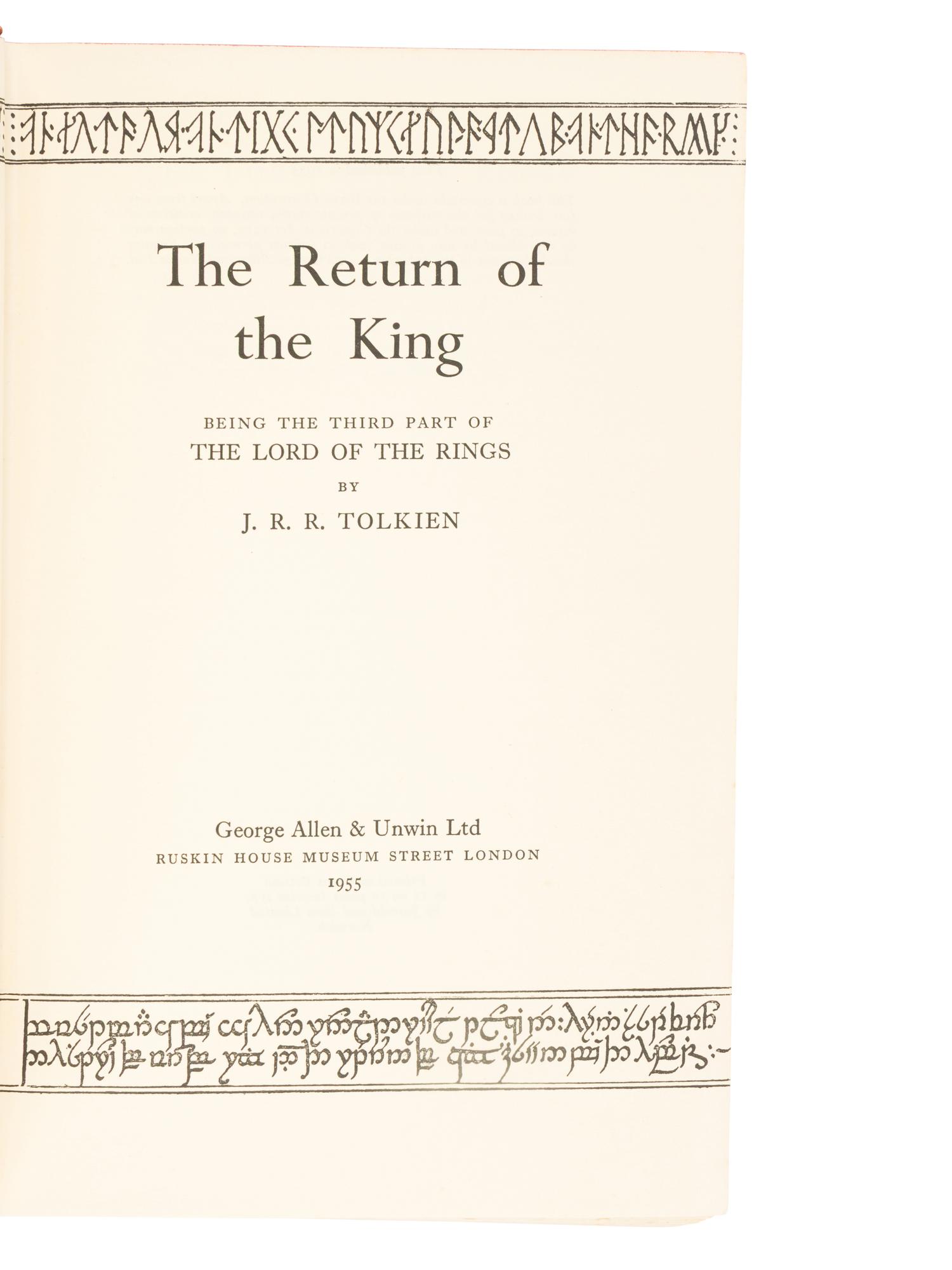 TOLKIEN, J.R.R. (1892-1973). [The Lord of the Rings trilogy:] The Fellowship of the Ring . 1954. -- The Two Towers . 1954. -- The Return of the King . 1955. All London: Allen & Unwin Ltd.