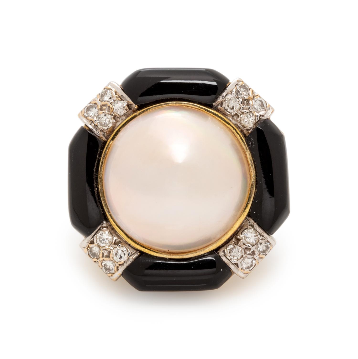 CULTURED MABE PEARL, ONYX AND DIAMOND RING