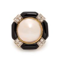 CULTURED MABE PEARL, ONYX AND DIAMOND RING