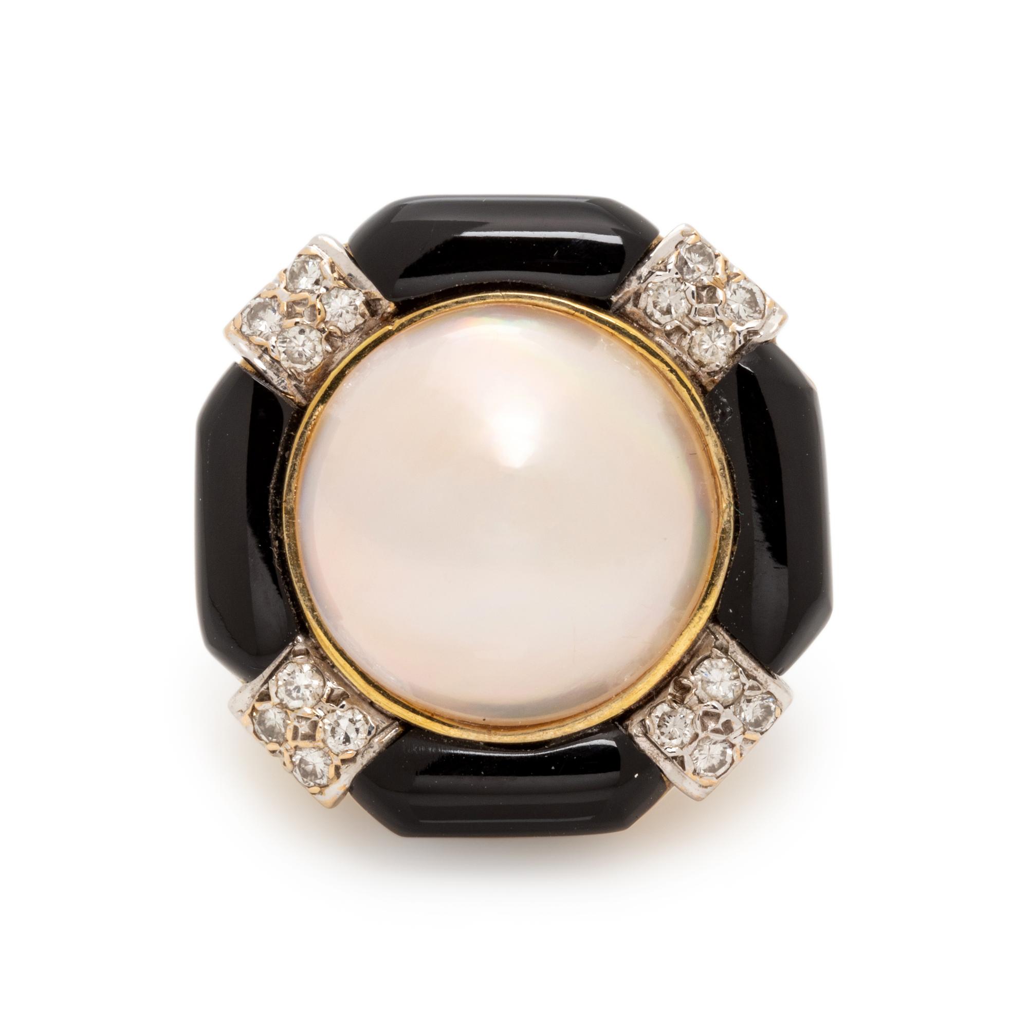 CULTURED MABE PEARL, ONYX AND DIAMOND RING