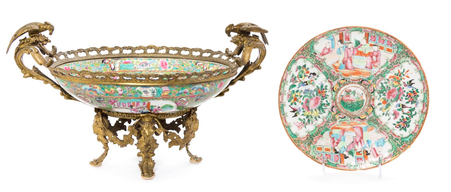 A Chinese Export Gilt Bronze Mounted Rose Medallion Porcelain Bowl Width 7 1/4 inches.