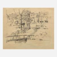 John Fulton Folinsbee (American, 1892–1972) View of Town, Bridge; together with View of Back Garden