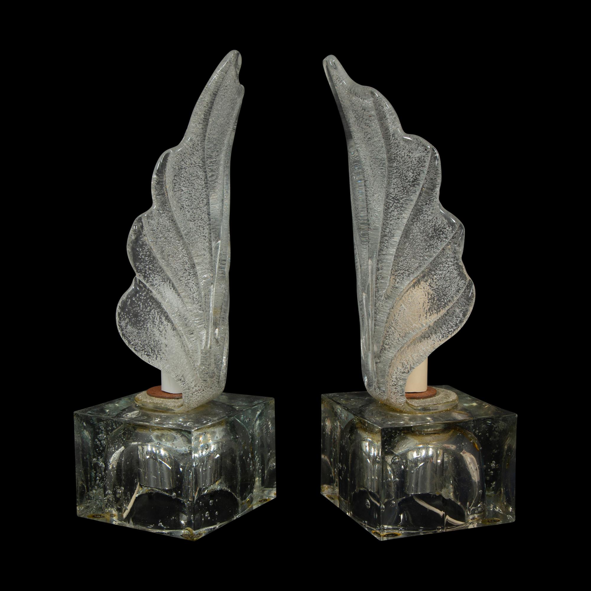 A Pair of Molded Glass Leaf-Form Single-Light Lamps