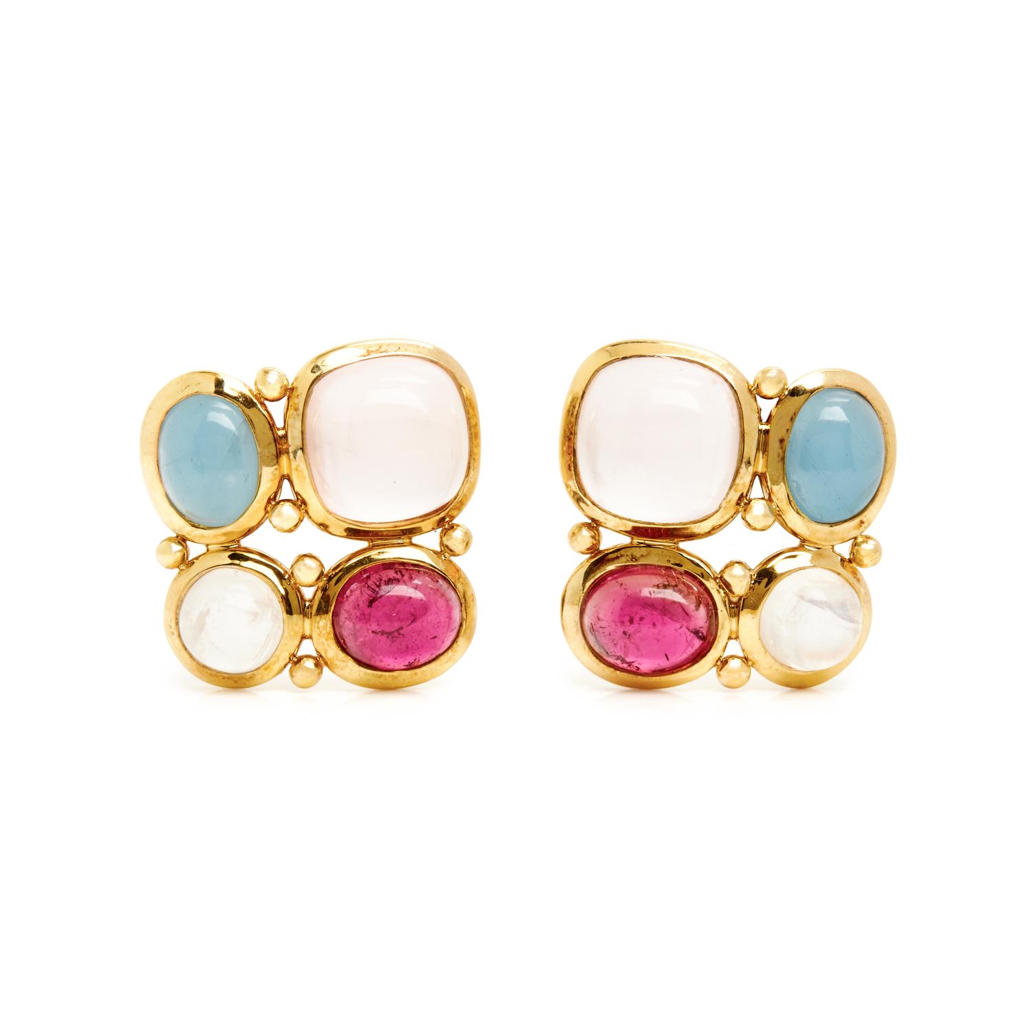 YELLOW GOLD AND MULTIGEM CLIP EARRINGS AND BRACELET