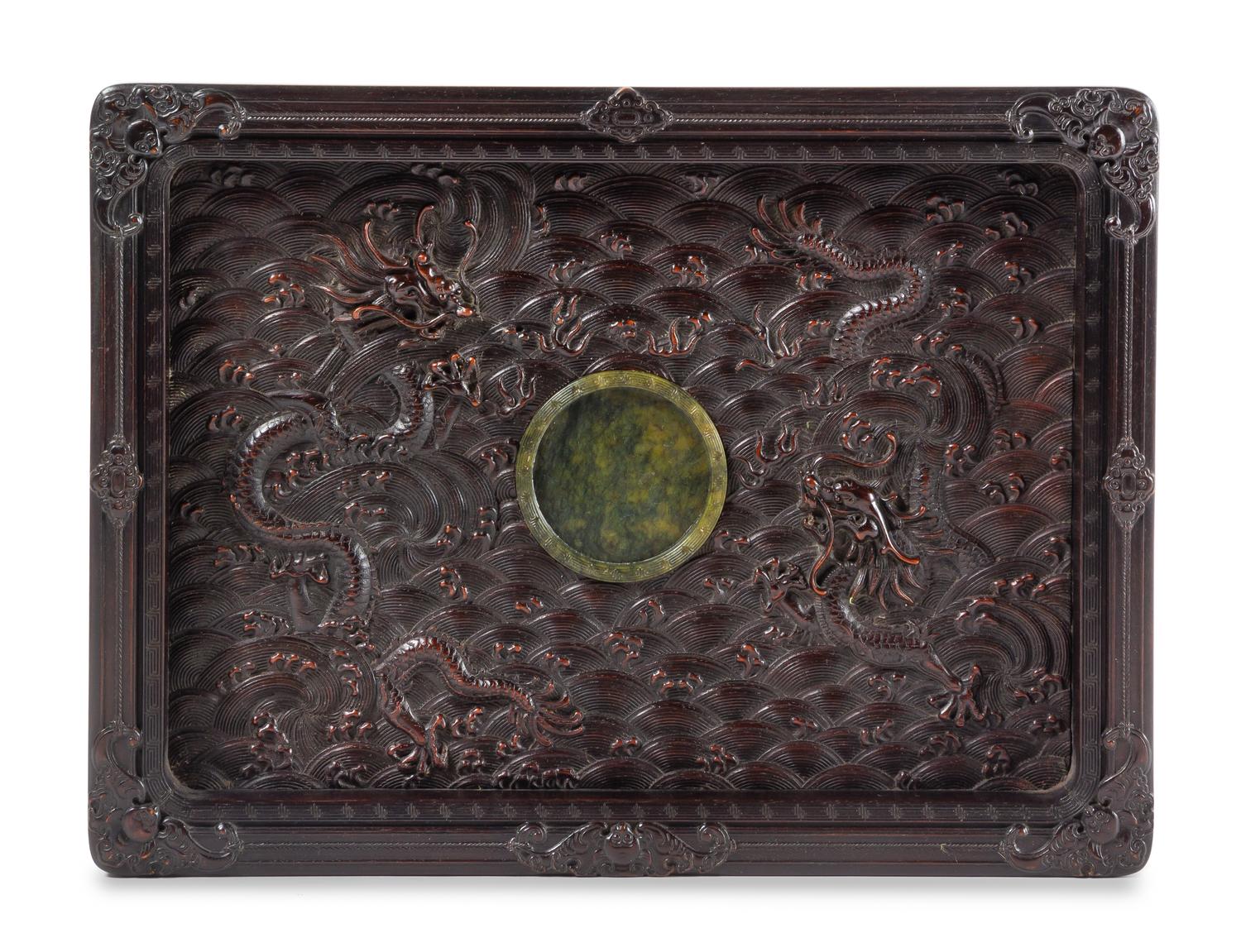 A Chinese Spinach Jade Inset Zitan Tray, Pan Length 12 3/4 x width 9 3/8 x depth 1 3/8 inches. — 18TH CENTURY