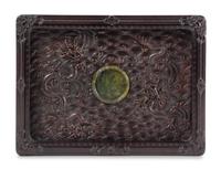 A Chinese Spinach Jade Inset Zitan Tray, Pan Length 12 3/4 x width 9 3/8 x depth 1 3/8 inches. — 18TH CENTURY