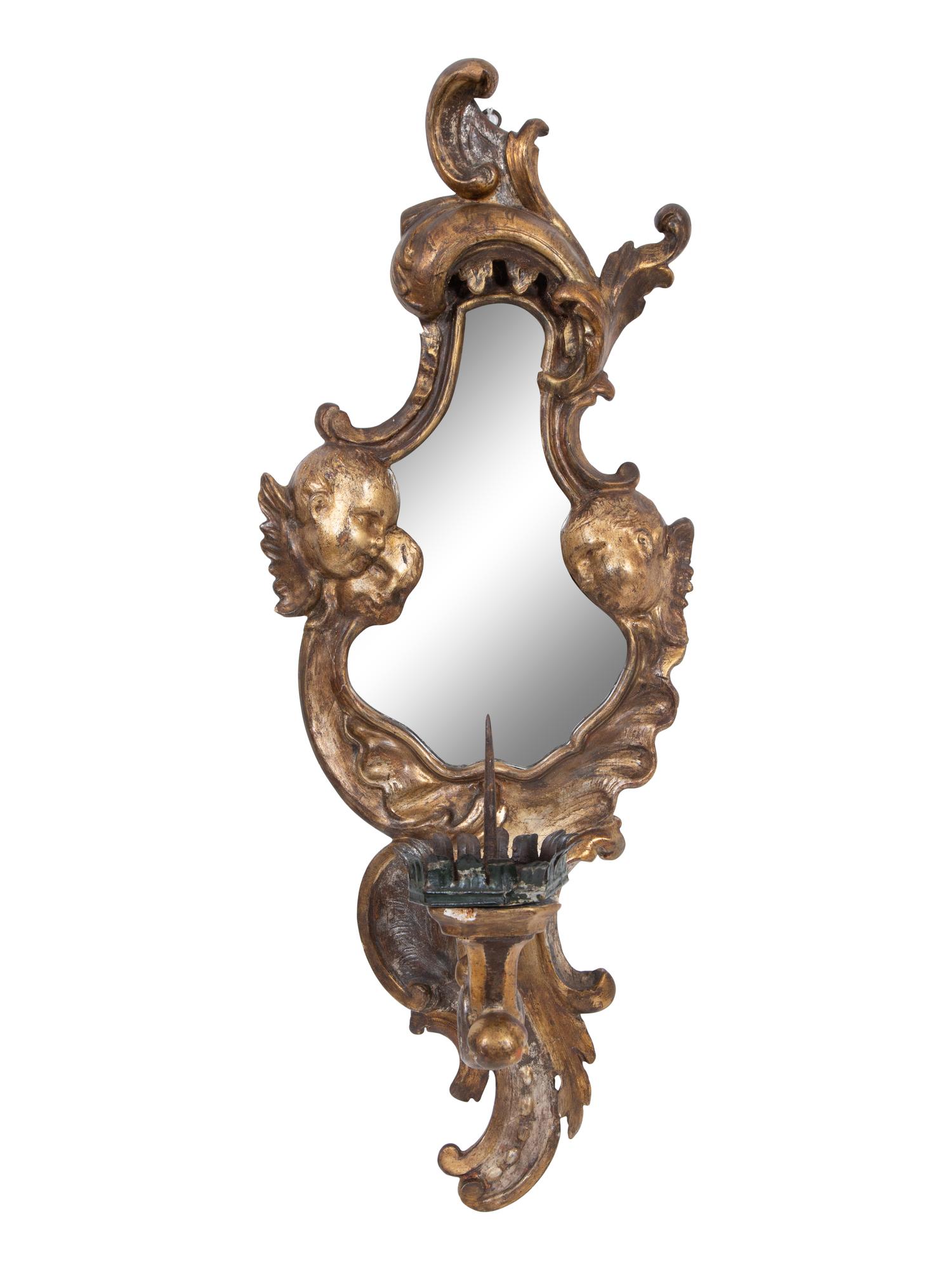 A Pair of Italian Giltwood Mirrored Single-Light Sconces