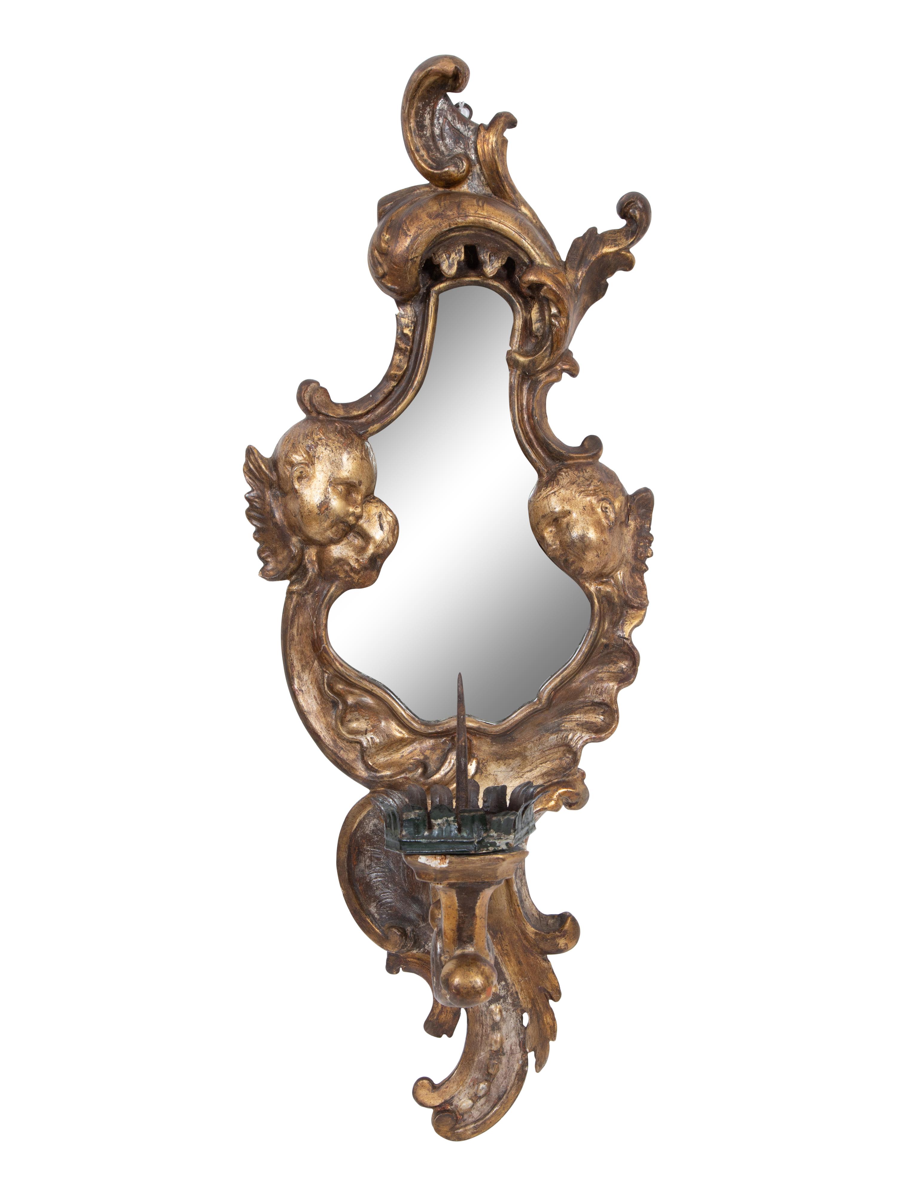 A Pair of Italian Giltwood Mirrored Single-Light Sconces