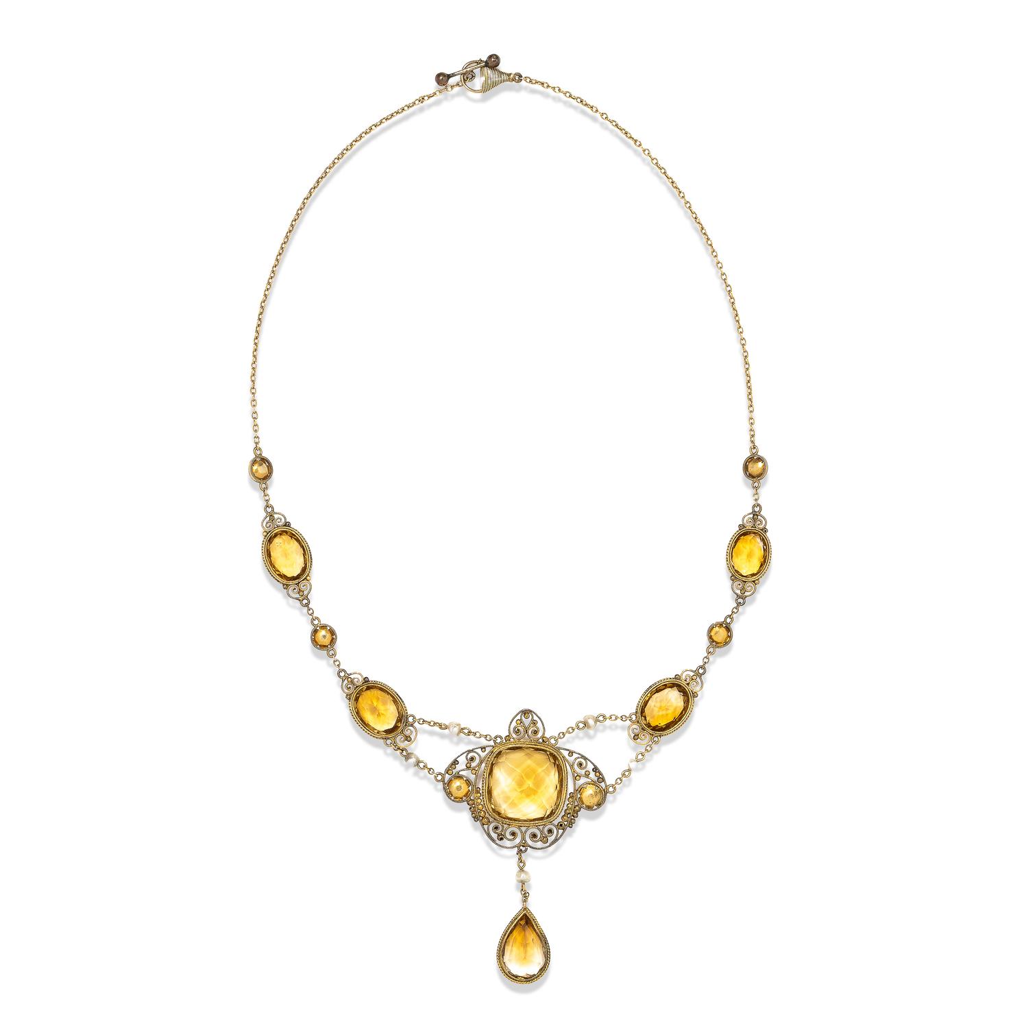 ART NOUVEAU, CITRINE AND SEED PEARL NECKLACE