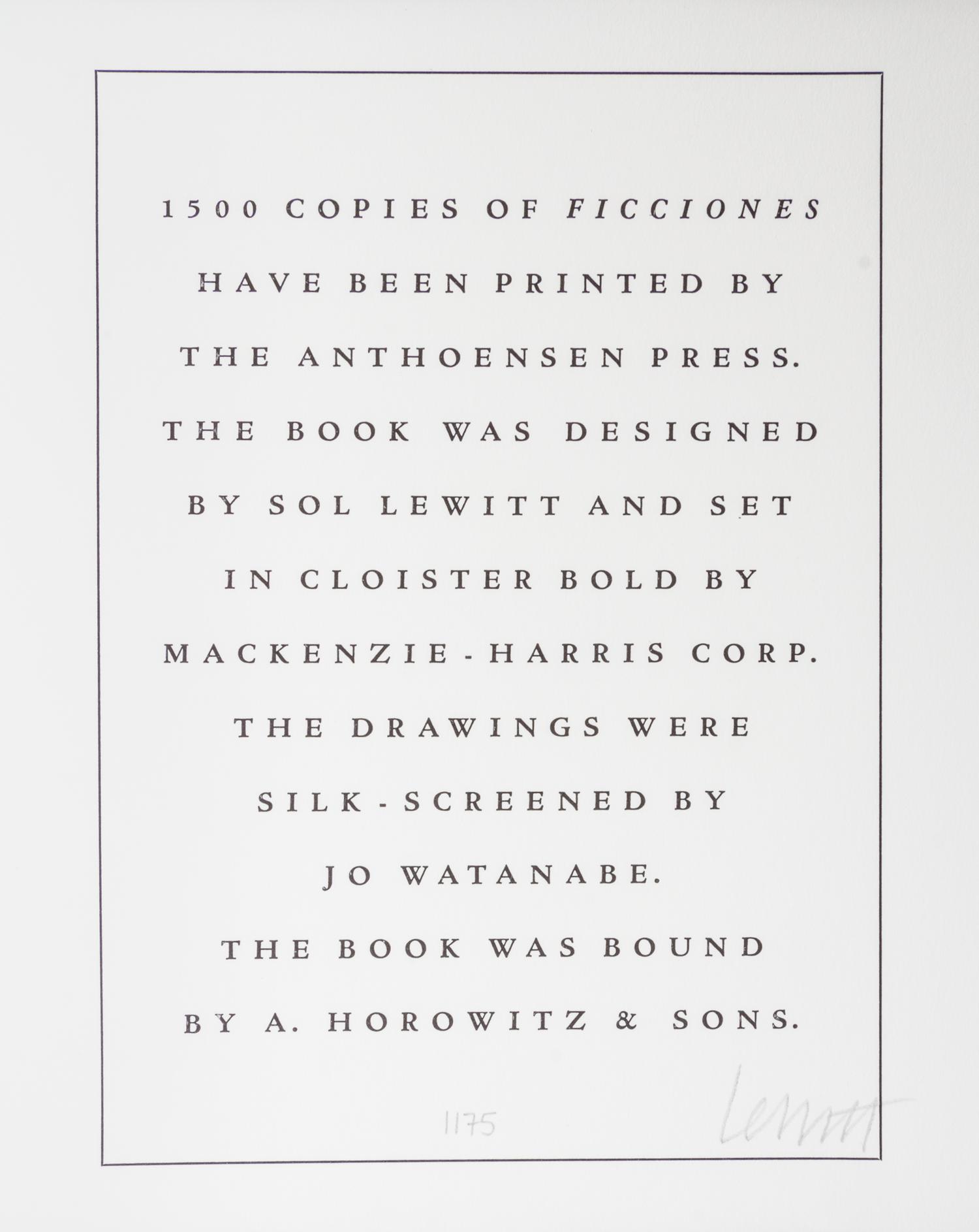 (LEC; LEWITT, SOL) BORGES, JORGE LUIS. Ficciones. New York, 1984. Signed by artist.