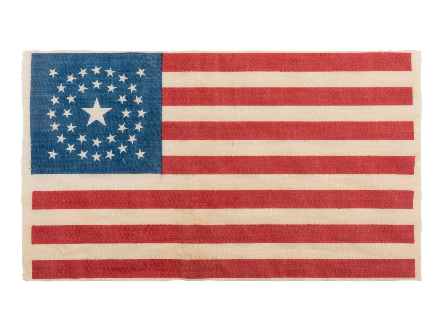 [FLAGS]. 37-star American parade flag with double-medallion configuration. Ca 1867-1876.
