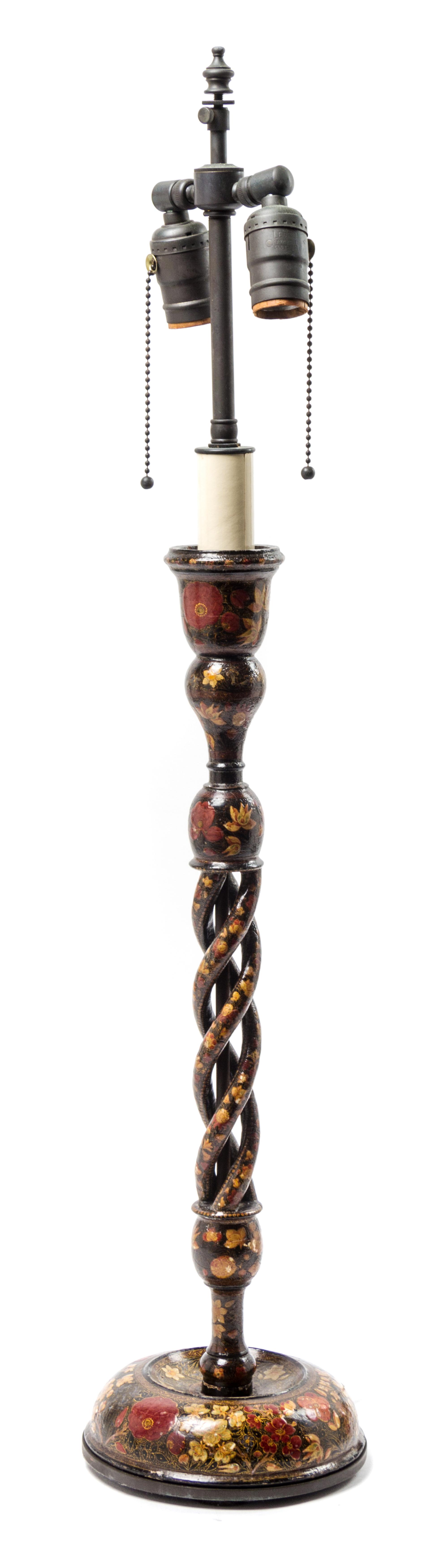 A Polychrome-Decorated, Ebonized and Carved Wooden Candlestick Form Lamp Height 31 1/2 inches. — 20TH CENTURY