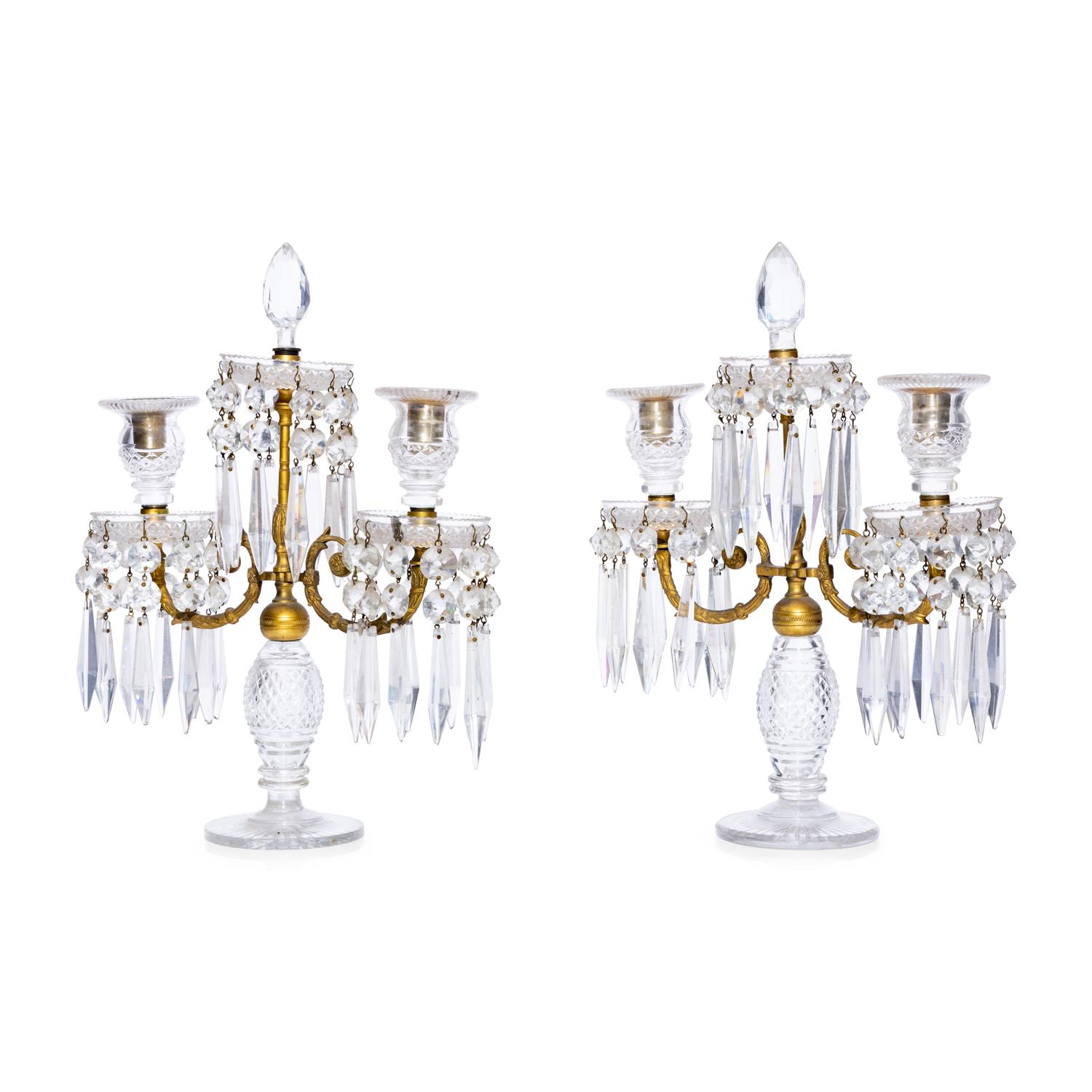 A Pair of English Gilt-Bronze and Cut Glass Three Light Candelabra