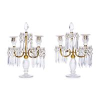 A Pair of English Gilt-Bronze and Cut Glass Three Light Candelabra