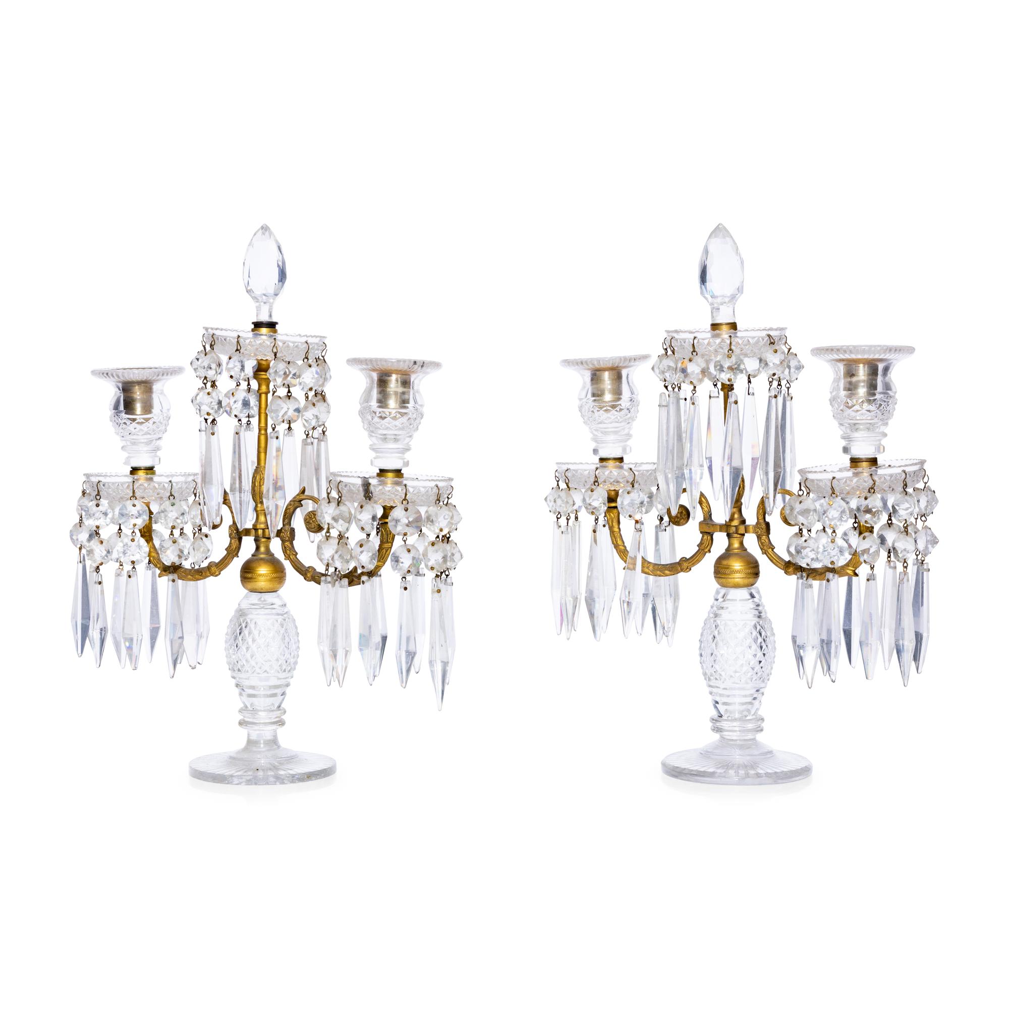 A Pair of English Gilt-Bronze and Cut Glass Three Light Candelabra