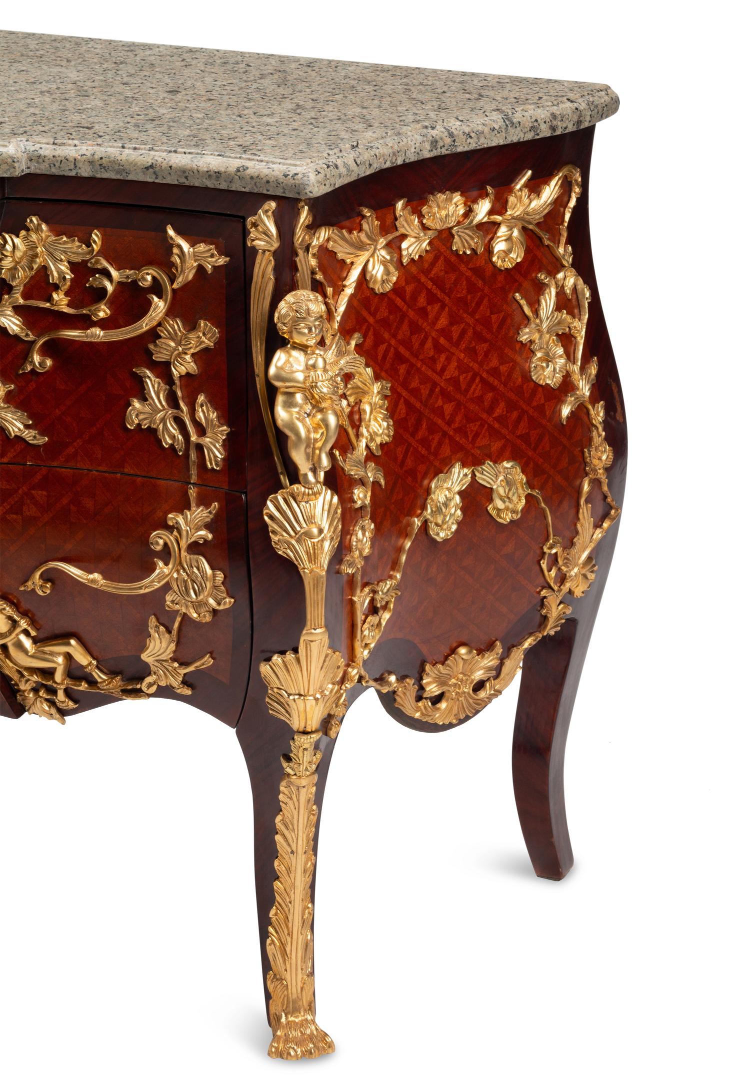 A Louis XV Style Gilt Bronze Mounted Parquetry Marble-Top Commode After the Model by Charles Cressent