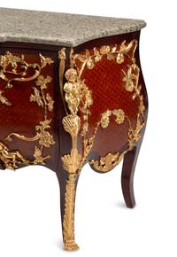 A Louis XV Style Gilt Bronze Mounted Parquetry Marble-Top Commode After the Model by Charles Cressent