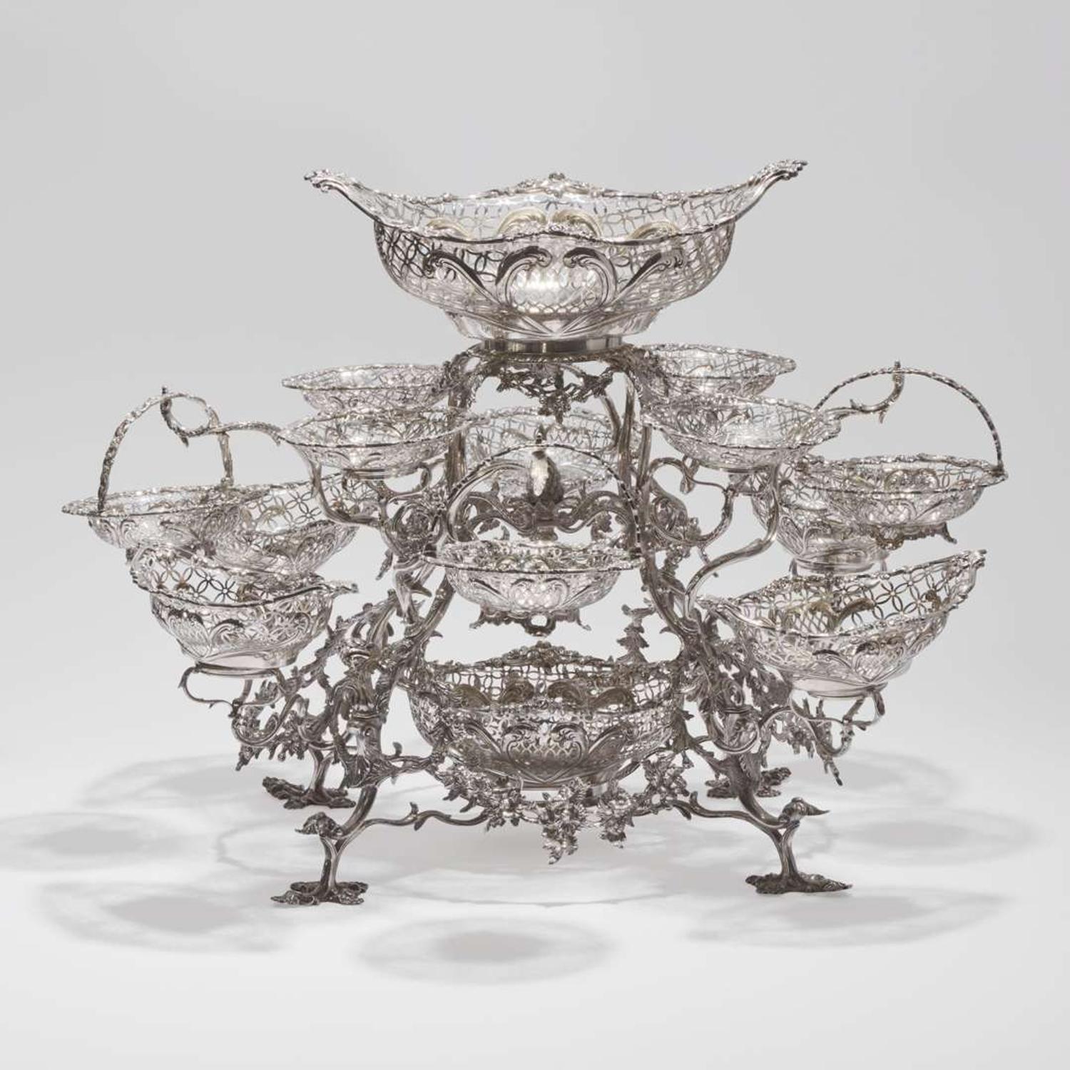 A Victorian sterling silver fourteen-basket epergne Francis Boone Thomas, London, 1884