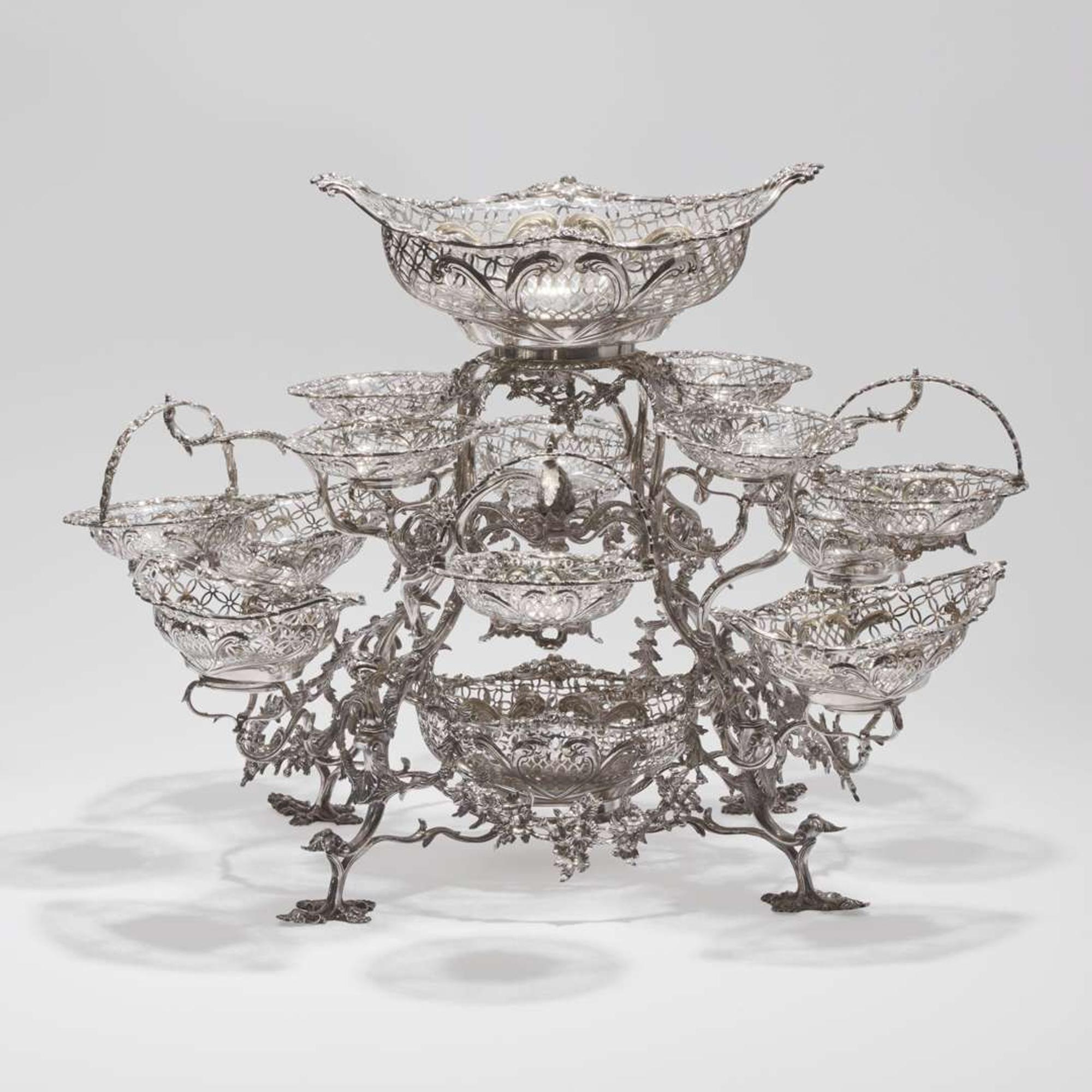A Victorian sterling silver fourteen-basket epergne Francis Boone Thomas, London, 1884