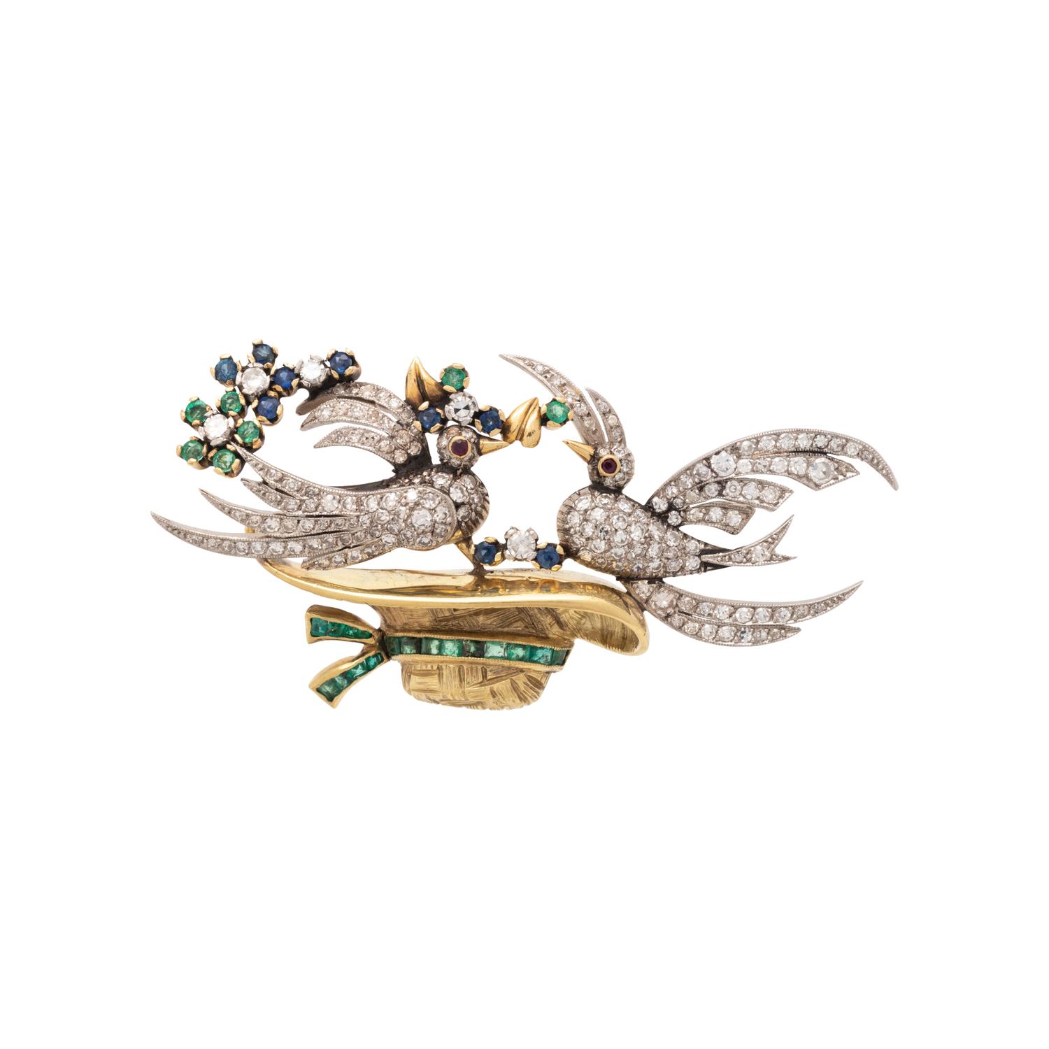 VINTAGE, MULTIGEM AND DIAMOND BIRD BROOCH
