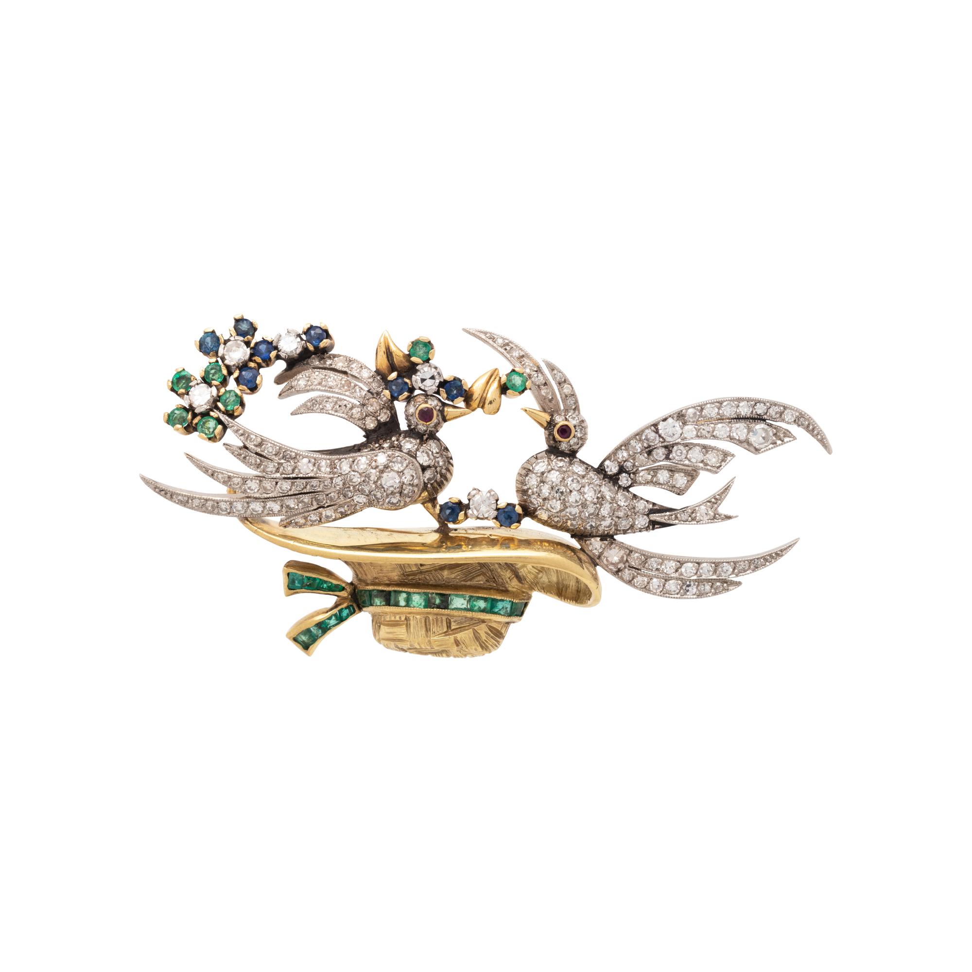VINTAGE, MULTIGEM AND DIAMOND BIRD BROOCH