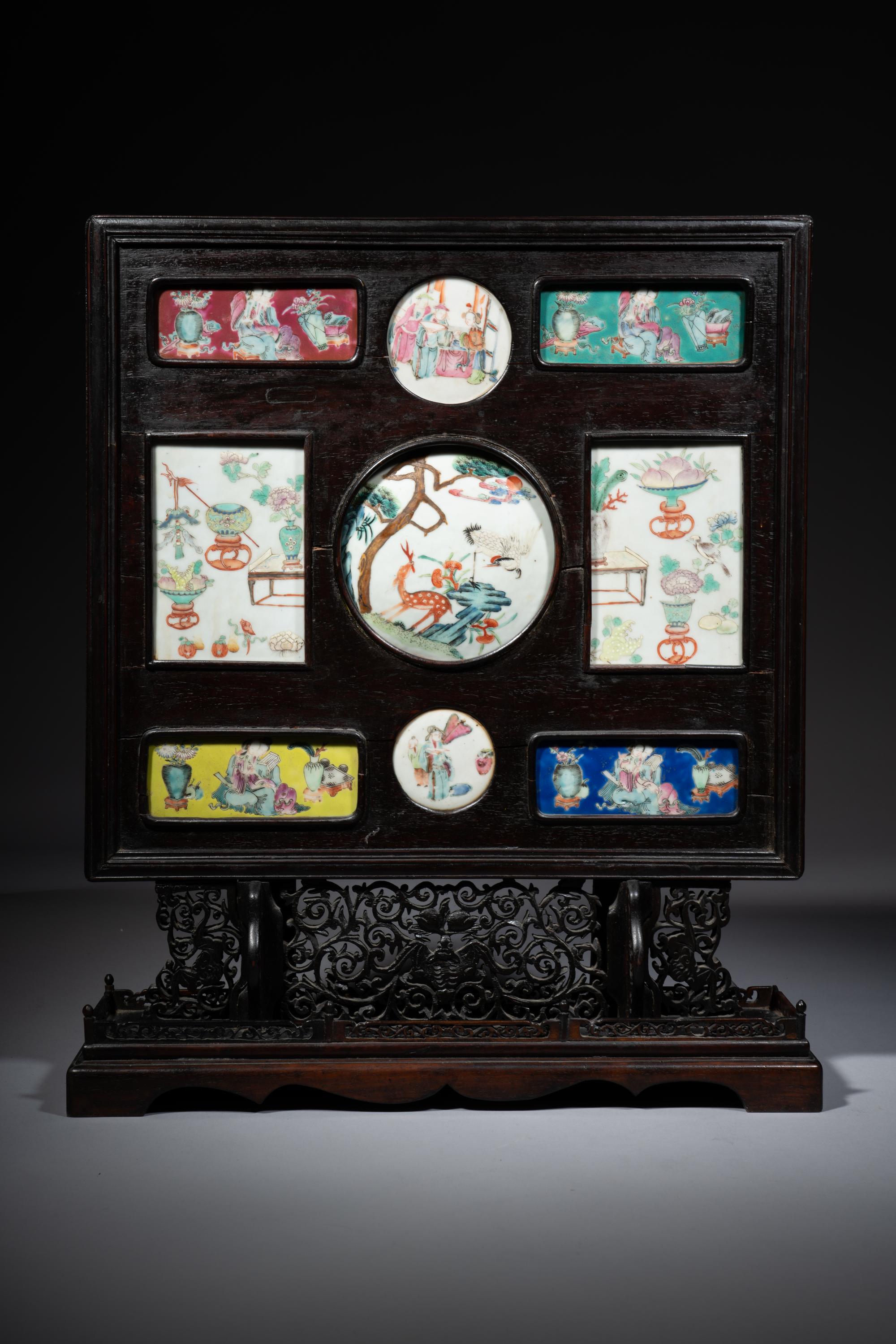 A Chinese Famille Rose Porcelain Inset Hardwood Table Screen