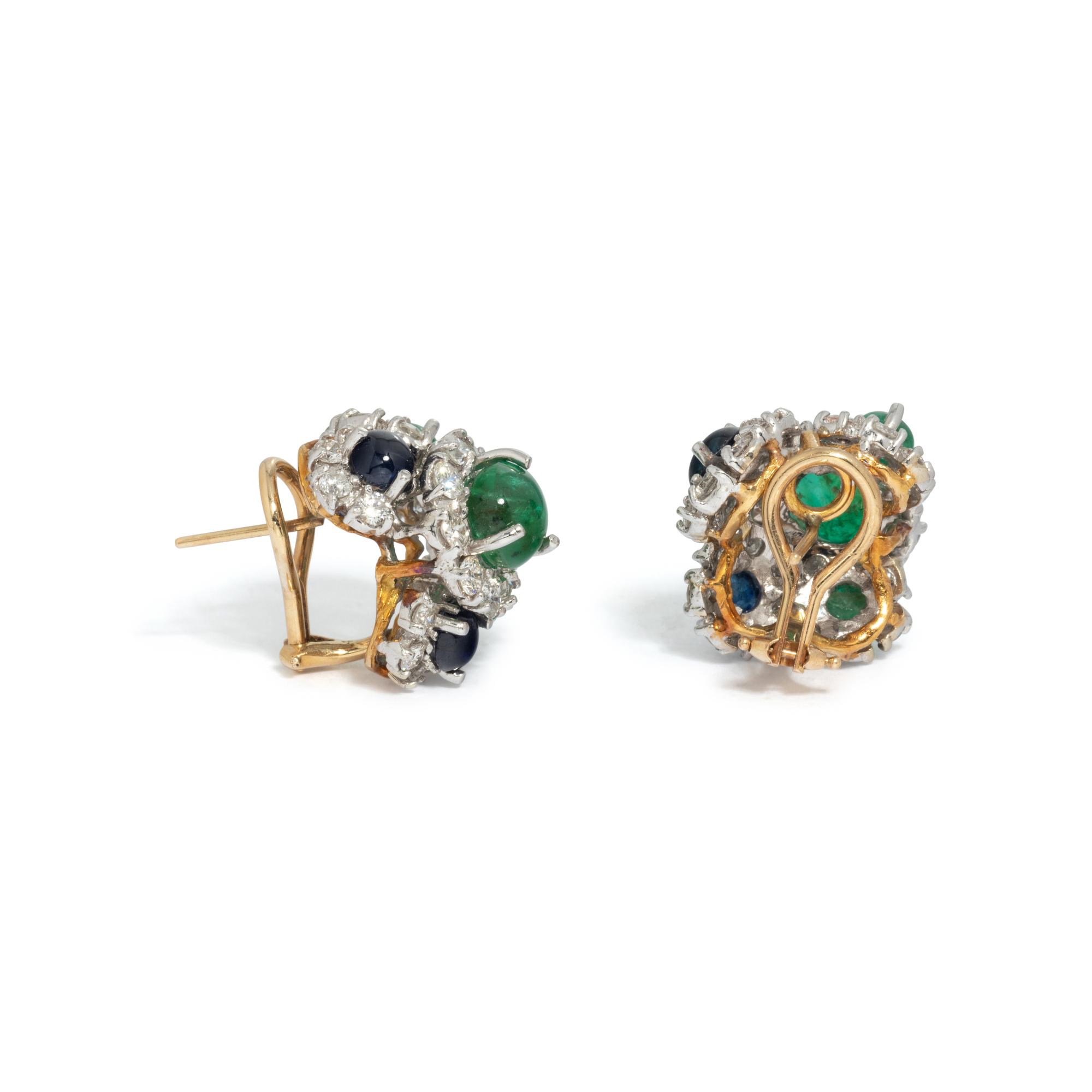 EMERALD, SAPPHIRE AND DIAMOND EARCLIPS