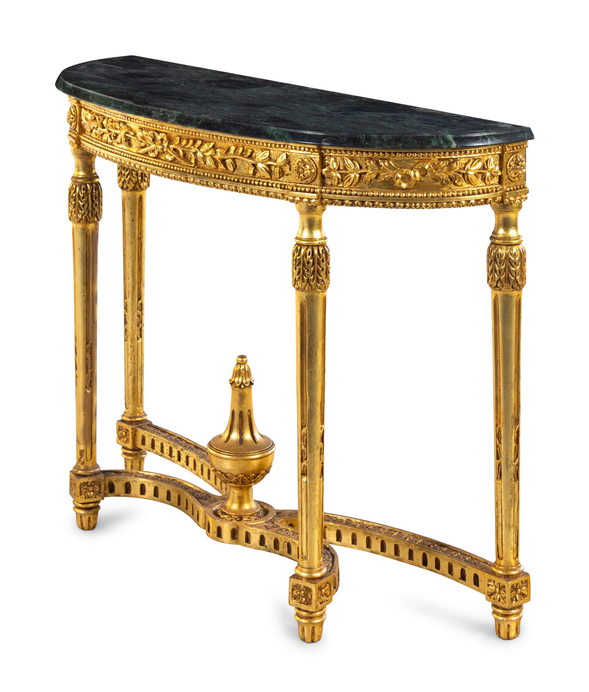 A Louis XVI Style Giltwood Marble-Top Demilune Console Table