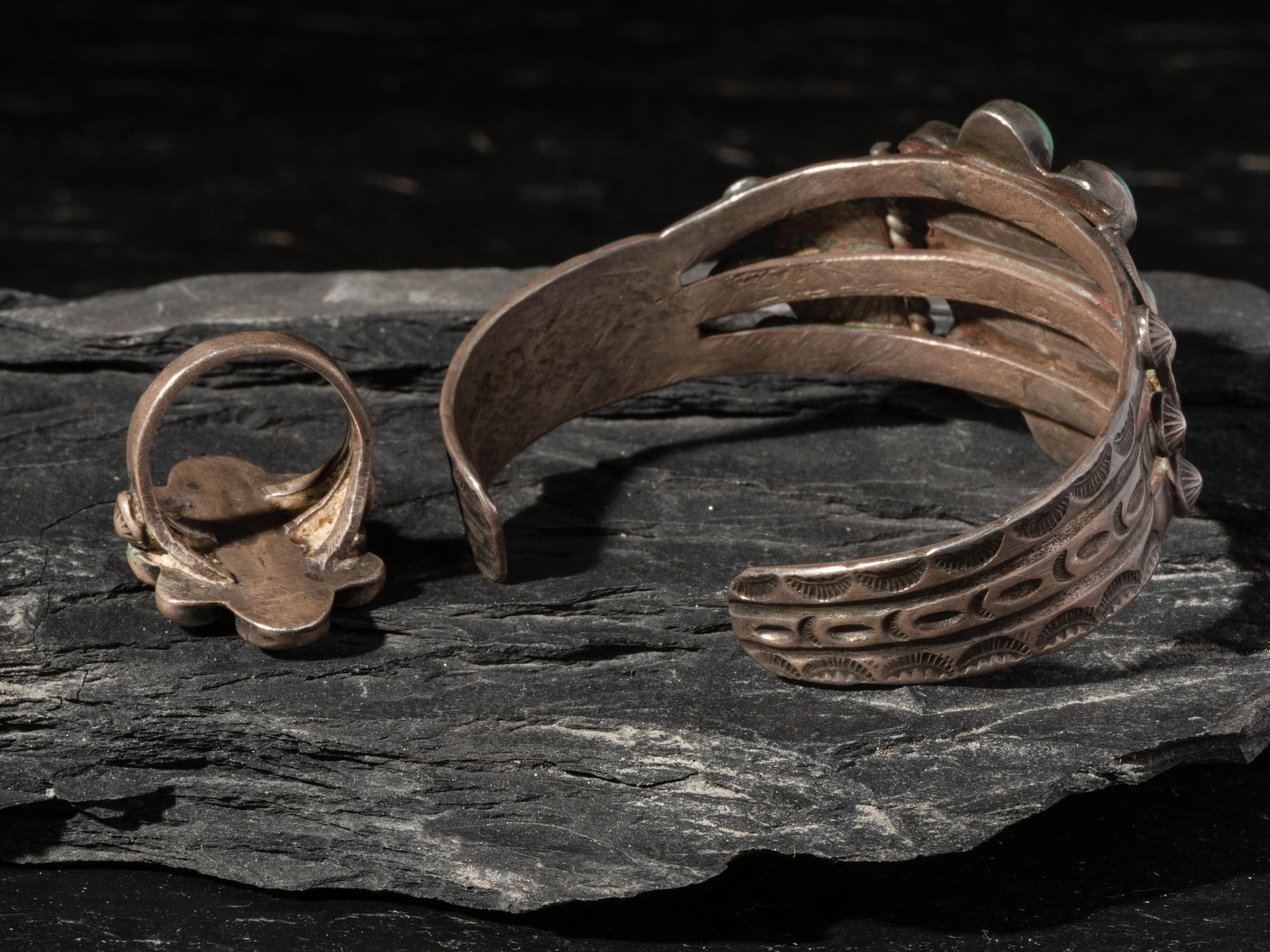 Navajo Silver and Turquoise Cluster Ring and Cuff Bracelet