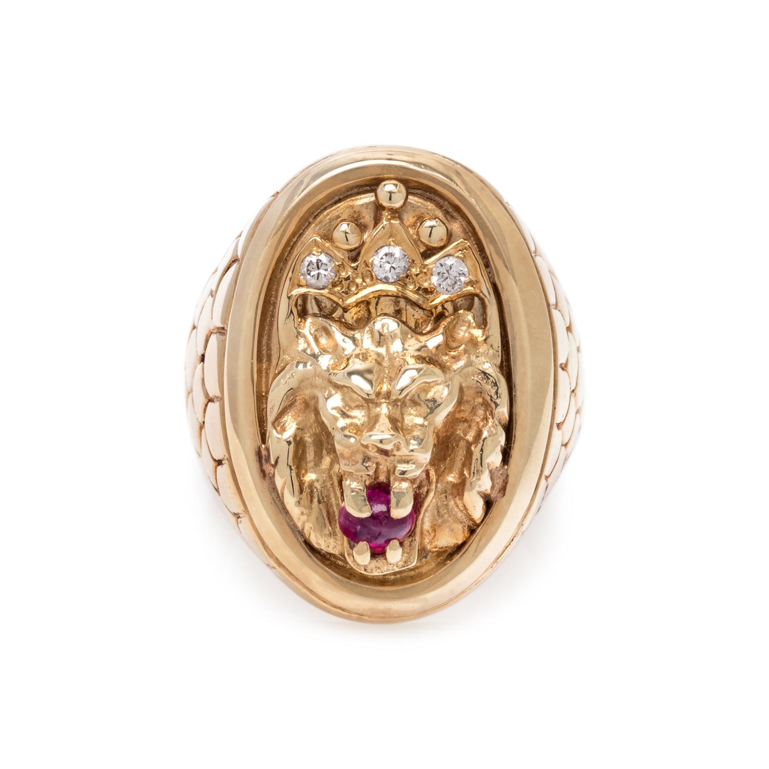 YELLOW GOLD, RUBY AND DIAMOND LION RING