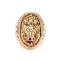 YELLOW GOLD, RUBY AND DIAMOND LION RING